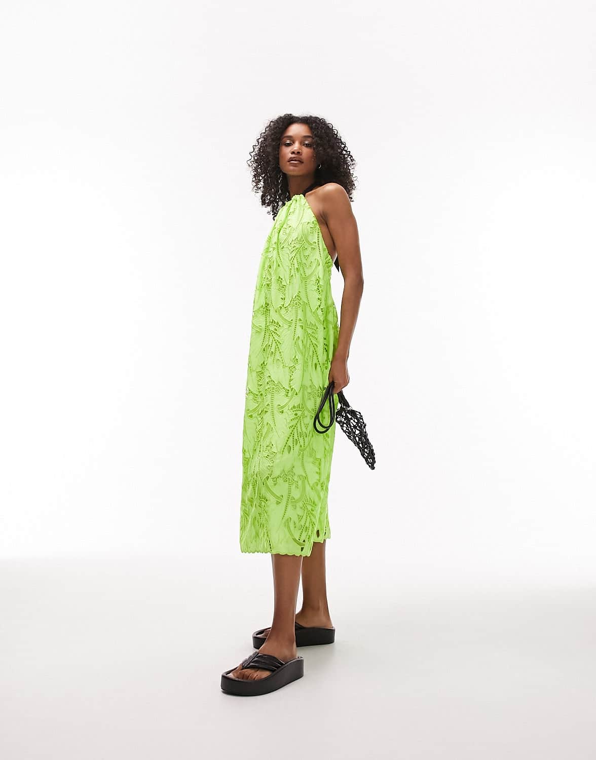 Topshop embroidered tie halter neck midi dress in lime - ASOS Sample Sale EU Store