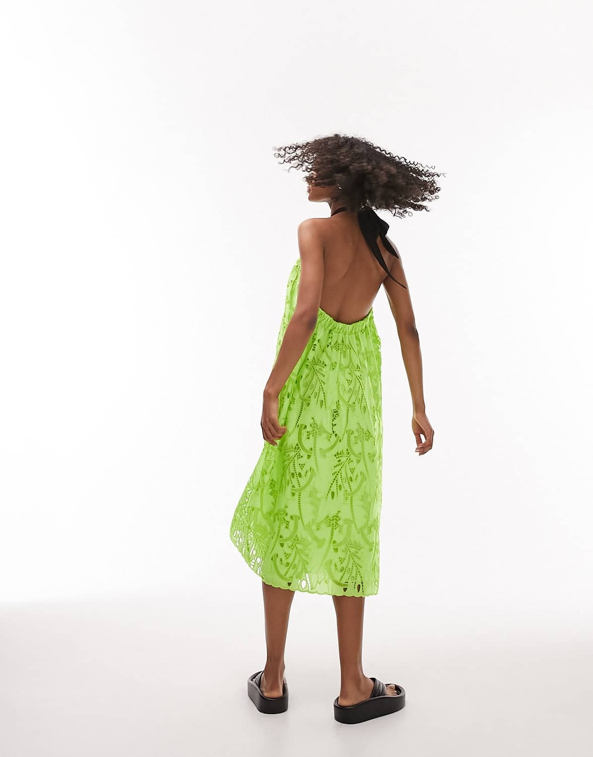 Topshop embroidered tie halter neck midi dress in lime - ASOS Sample Sale EU Store