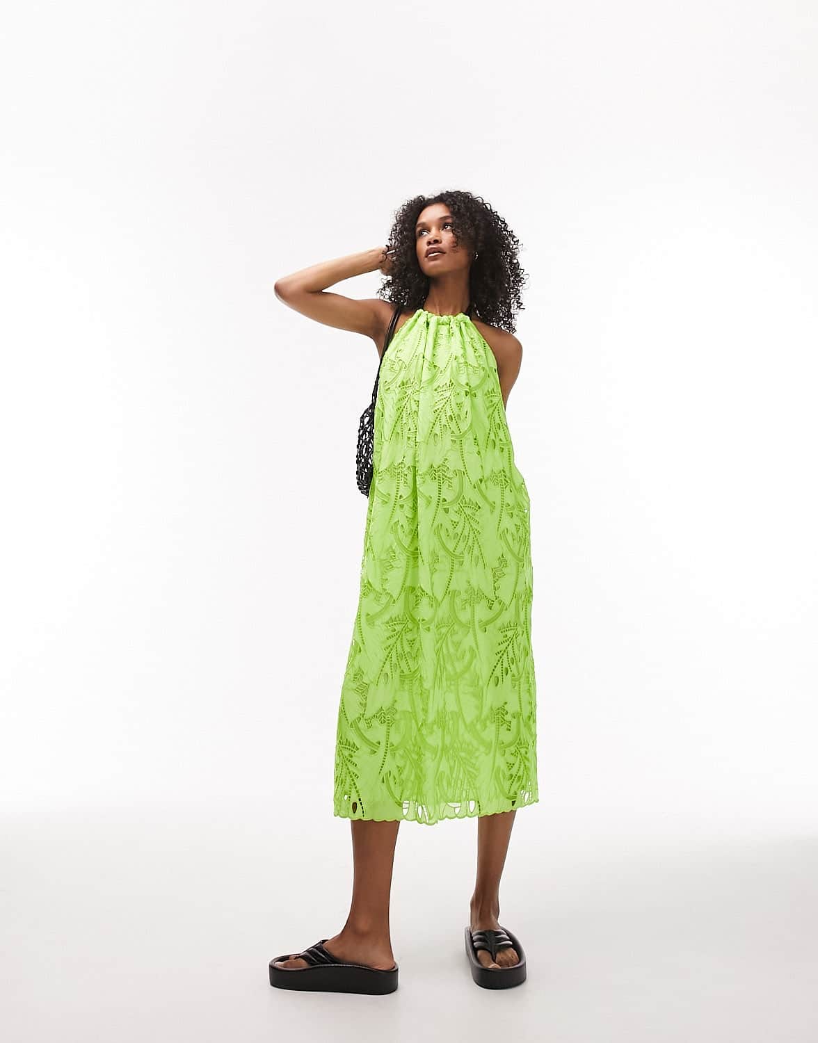 Topshop embroidered tie halter neck midi dress in lime - ASOS Sample Sale EU Store