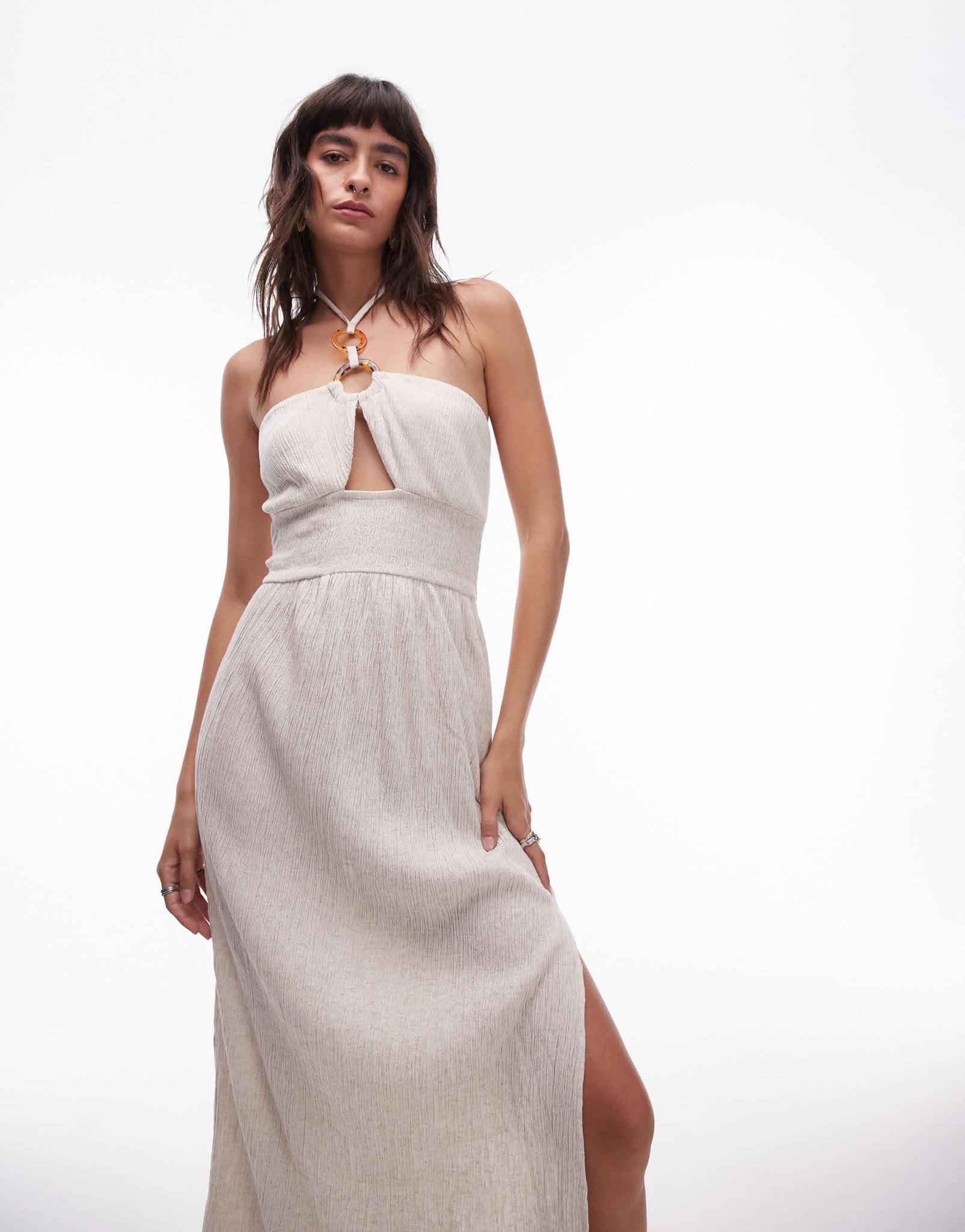 Topshop halter beach dress with ring detail in natural - ASOS Sample Sale EU Store
