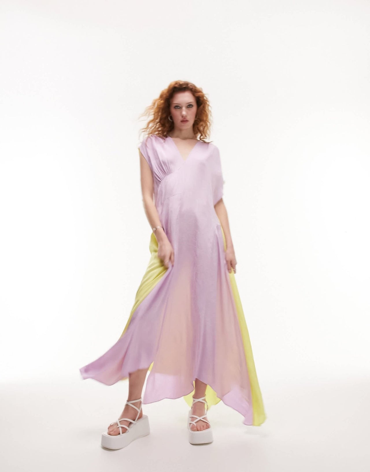 Topshop jacquard colour block asymmetric midi dress in lime and lilac - ASOS Sample Sale EU Store
