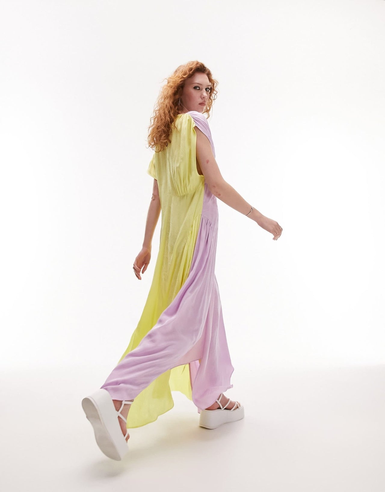 Topshop jacquard colour block asymmetric midi dress in lime and lilac - ASOS Sample Sale EU Store