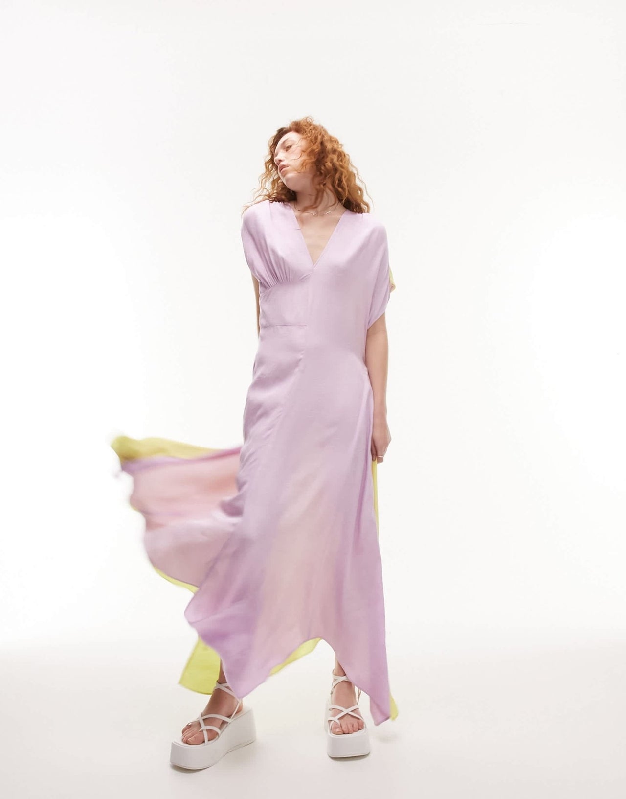 Topshop jacquard colour block asymmetric midi dress in lime and lilac - ASOS Sample Sale EU Store