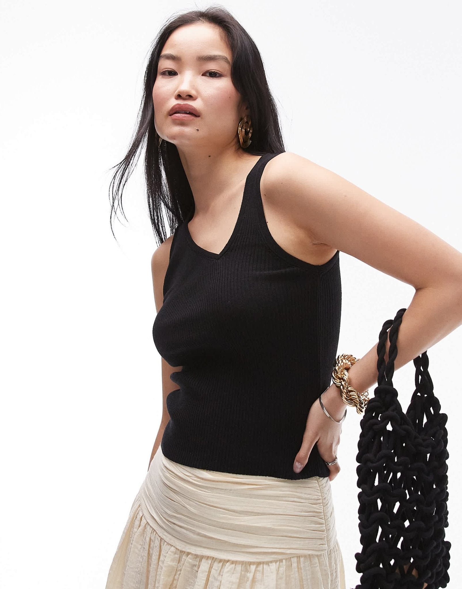 Topshop knitted asymmetric vest top in black - ASOS Sample Sale EU Store