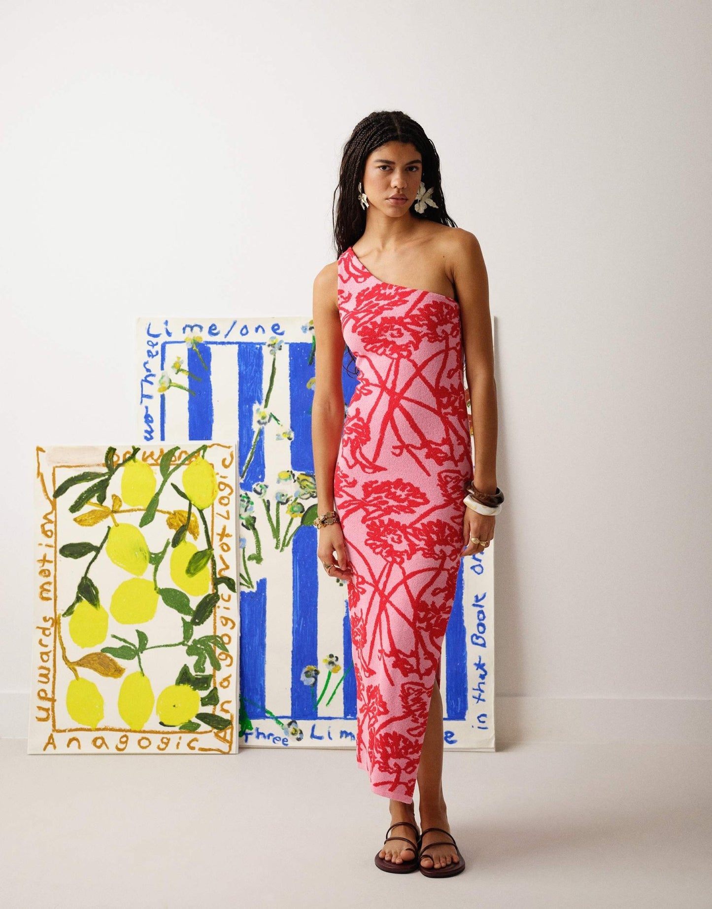 Topshop knitted Bradley B one shoulder pattern dress in red and pink - ASOS Sample Sale EU Store