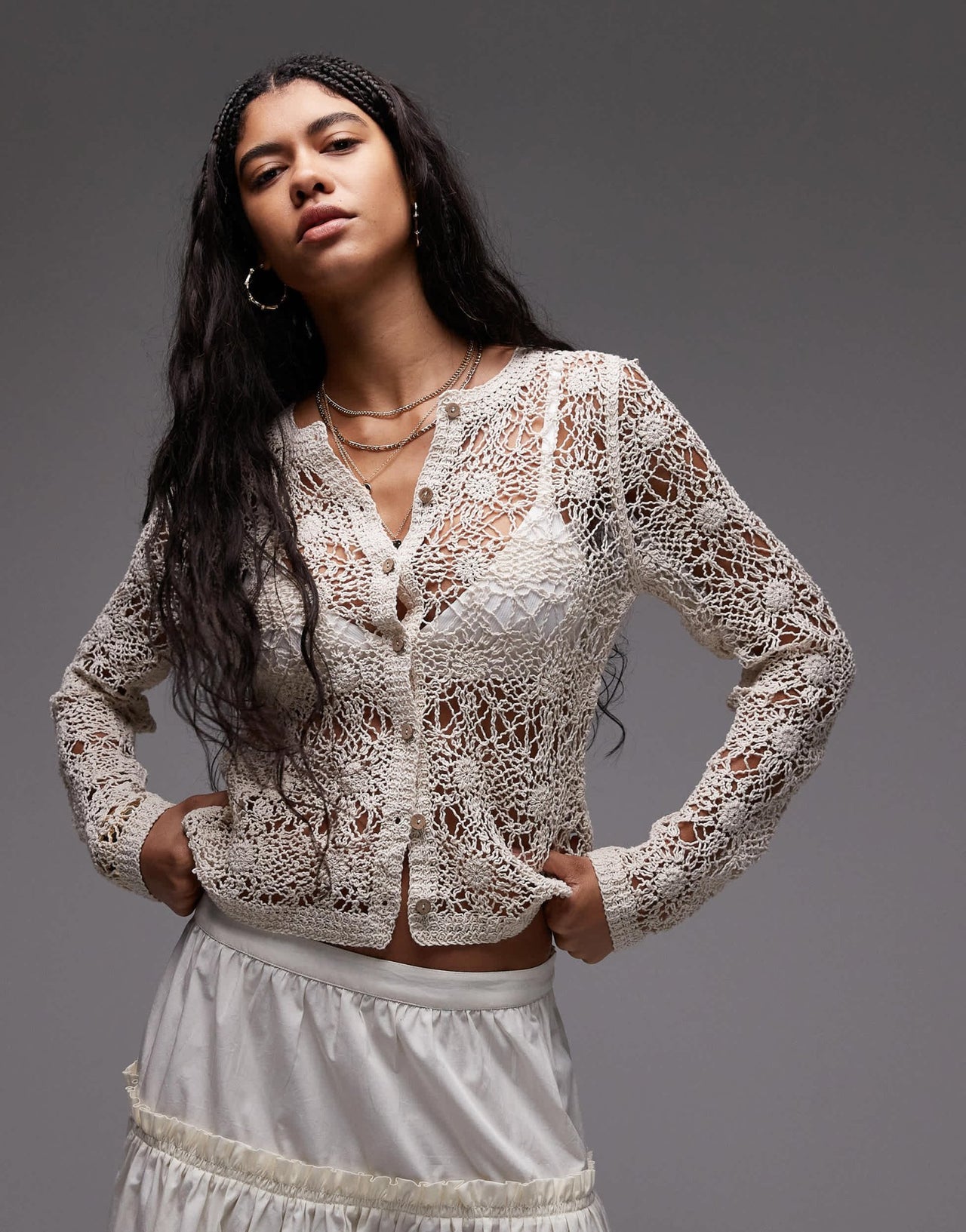 Topshop knitted crew neck flower crochet cardigan in neutral - ASOS Sample Sale EU Store