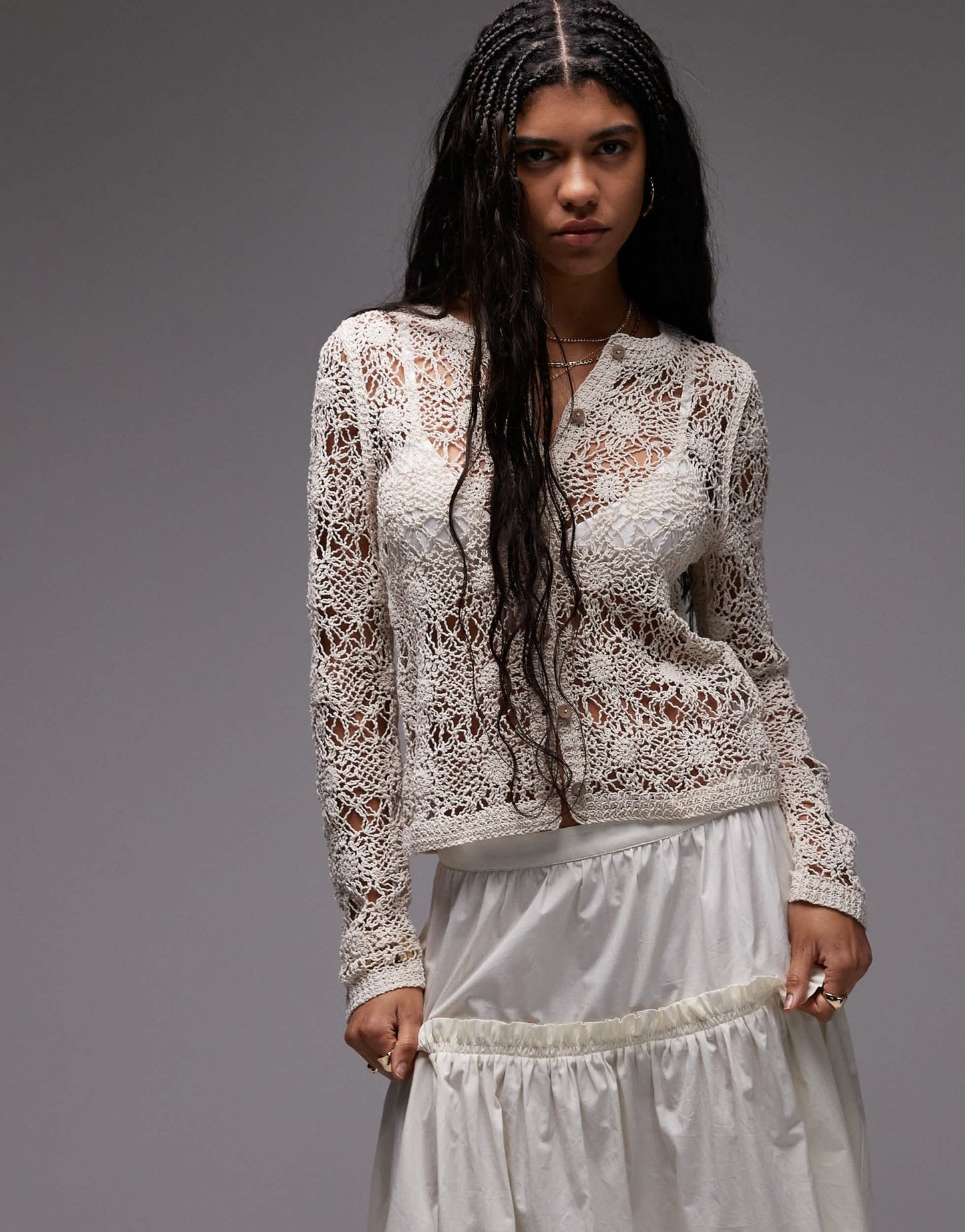 Topshop knitted crew neck flower crochet cardigan in neutral - ASOS Sample Sale EU Store