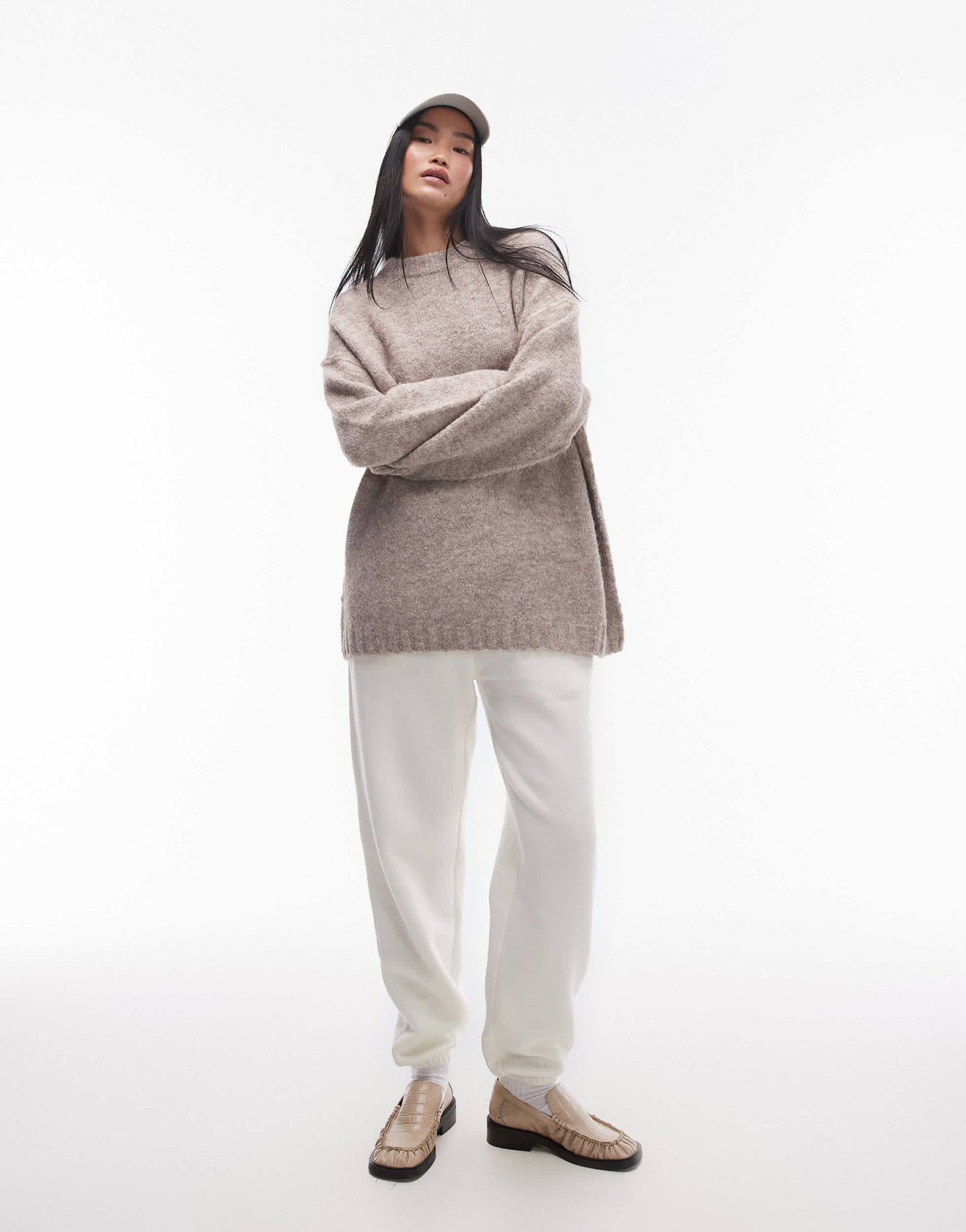 Topshop knitted exposed contrast seam oversized jumper in oat - ASOS Sample Sale EU Store