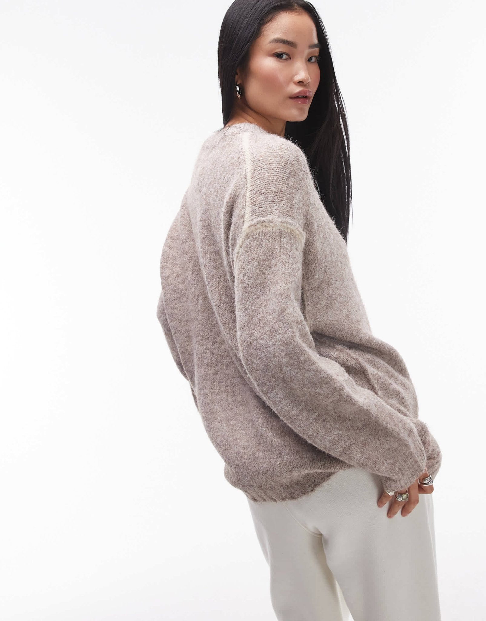 Topshop knitted exposed contrast seam oversized jumper in oat - ASOS Sample Sale EU Store