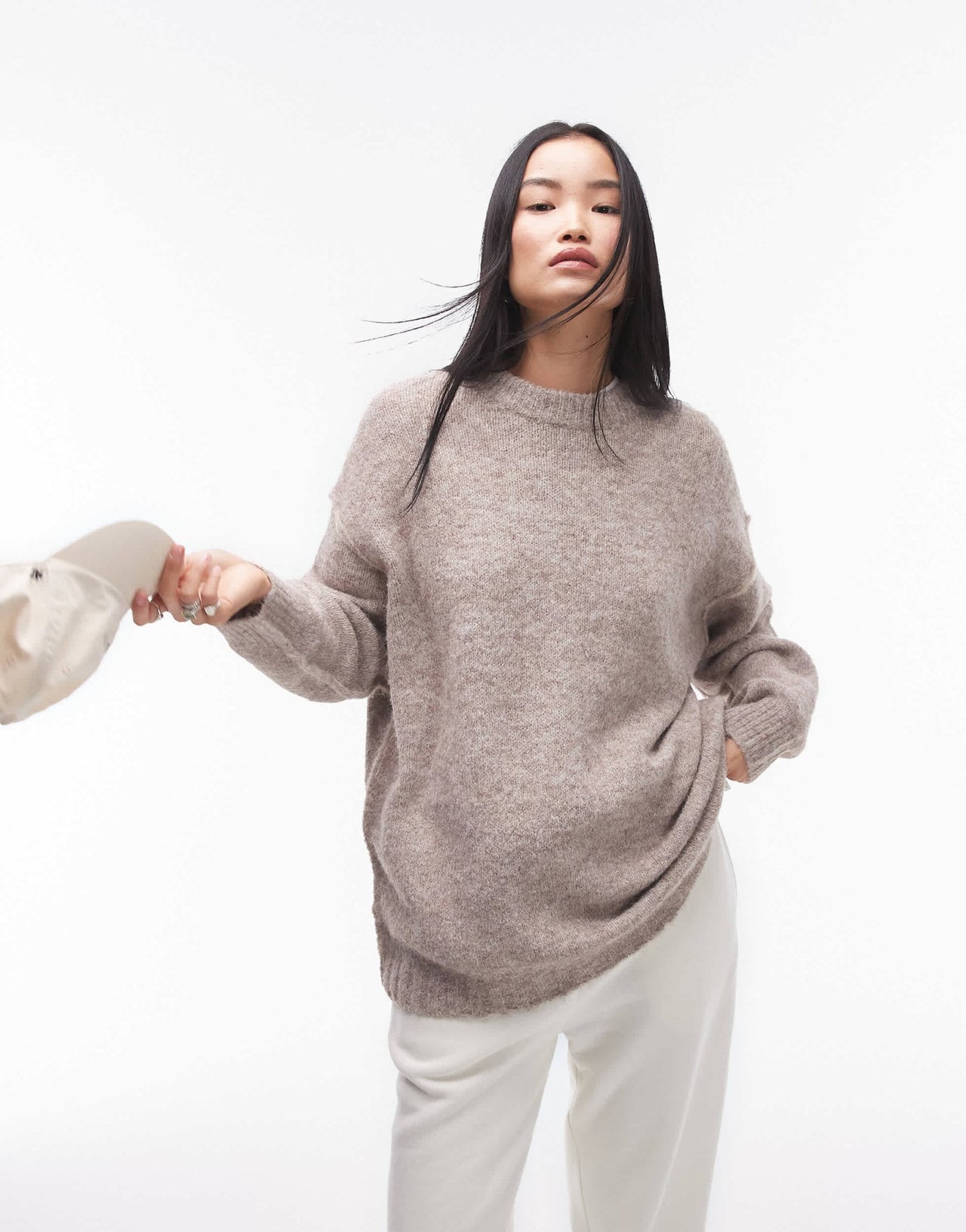 Topshop knitted exposed contrast seam oversized jumper in oat - ASOS Sample Sale EU Store