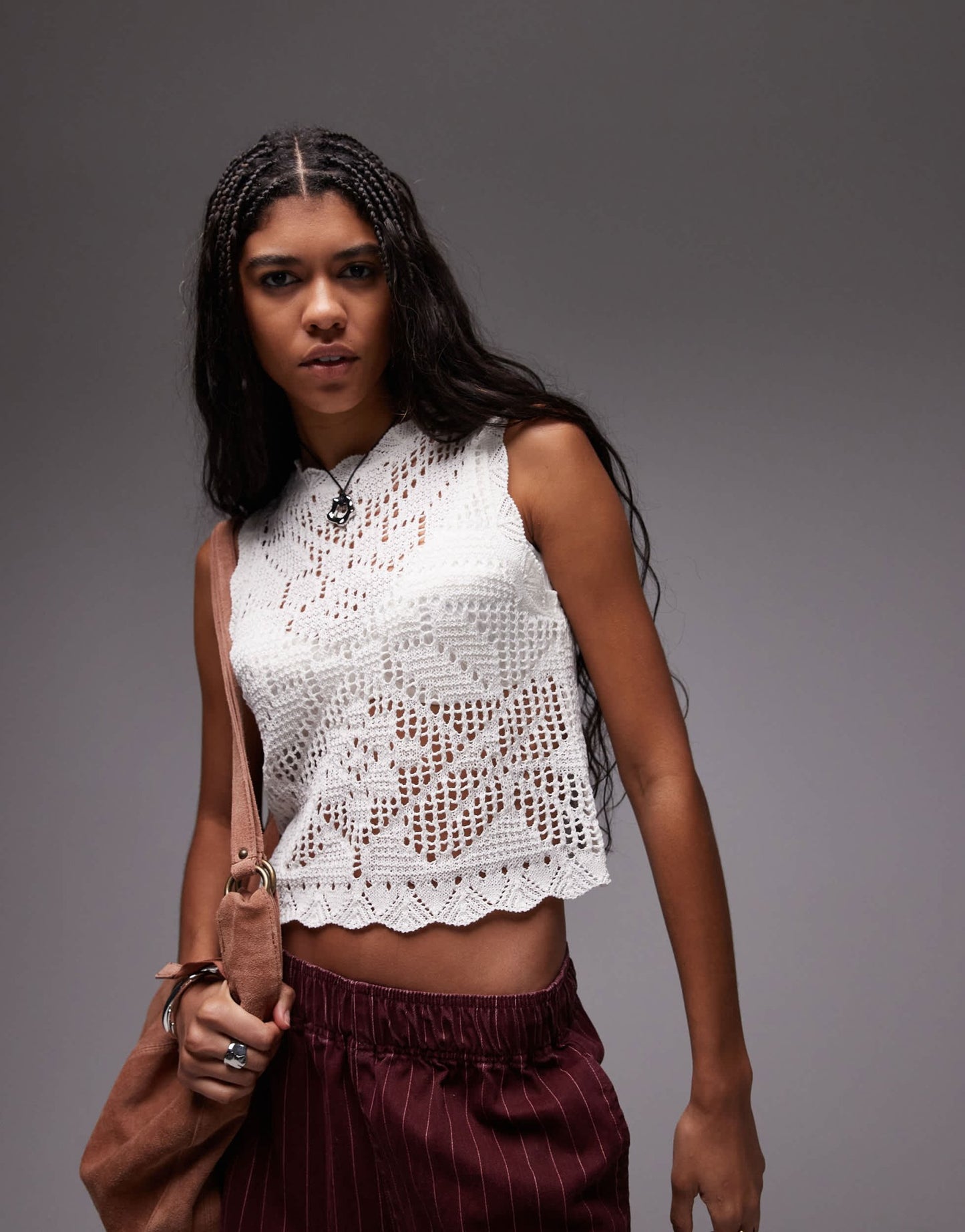 Topshop knitted scallop edge stitchy tank top in ivory - ASOS Sample Sale EU Store