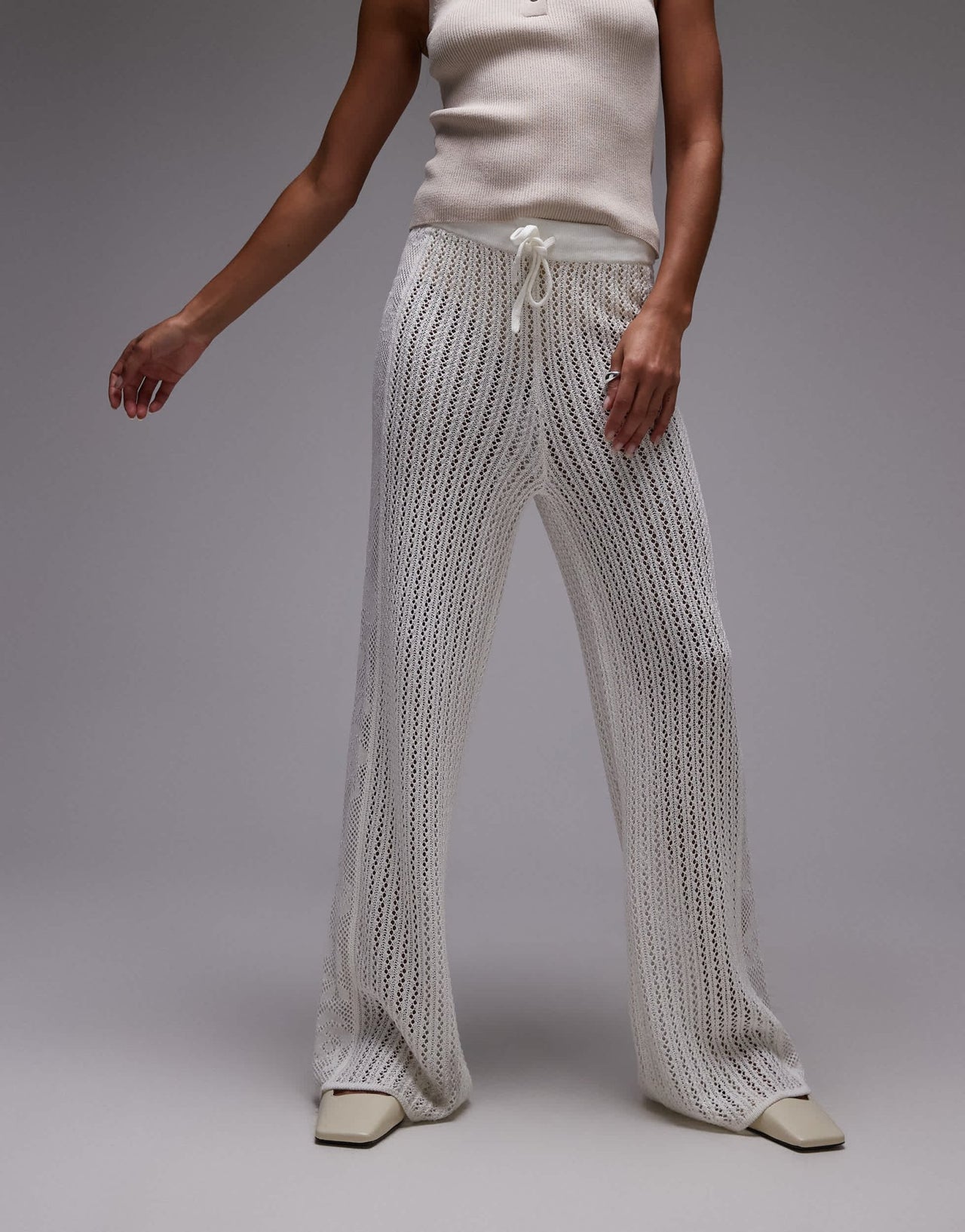 Topshop knitted stitchy trousers with embroided panel in cream - ASOS Sample Sale EU Store