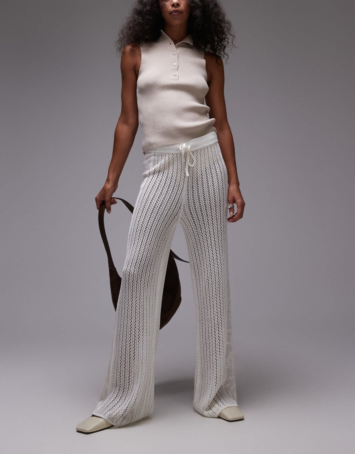 Topshop knitted stitchy trousers with embroided panel in cream - ASOS Sample Sale EU Store