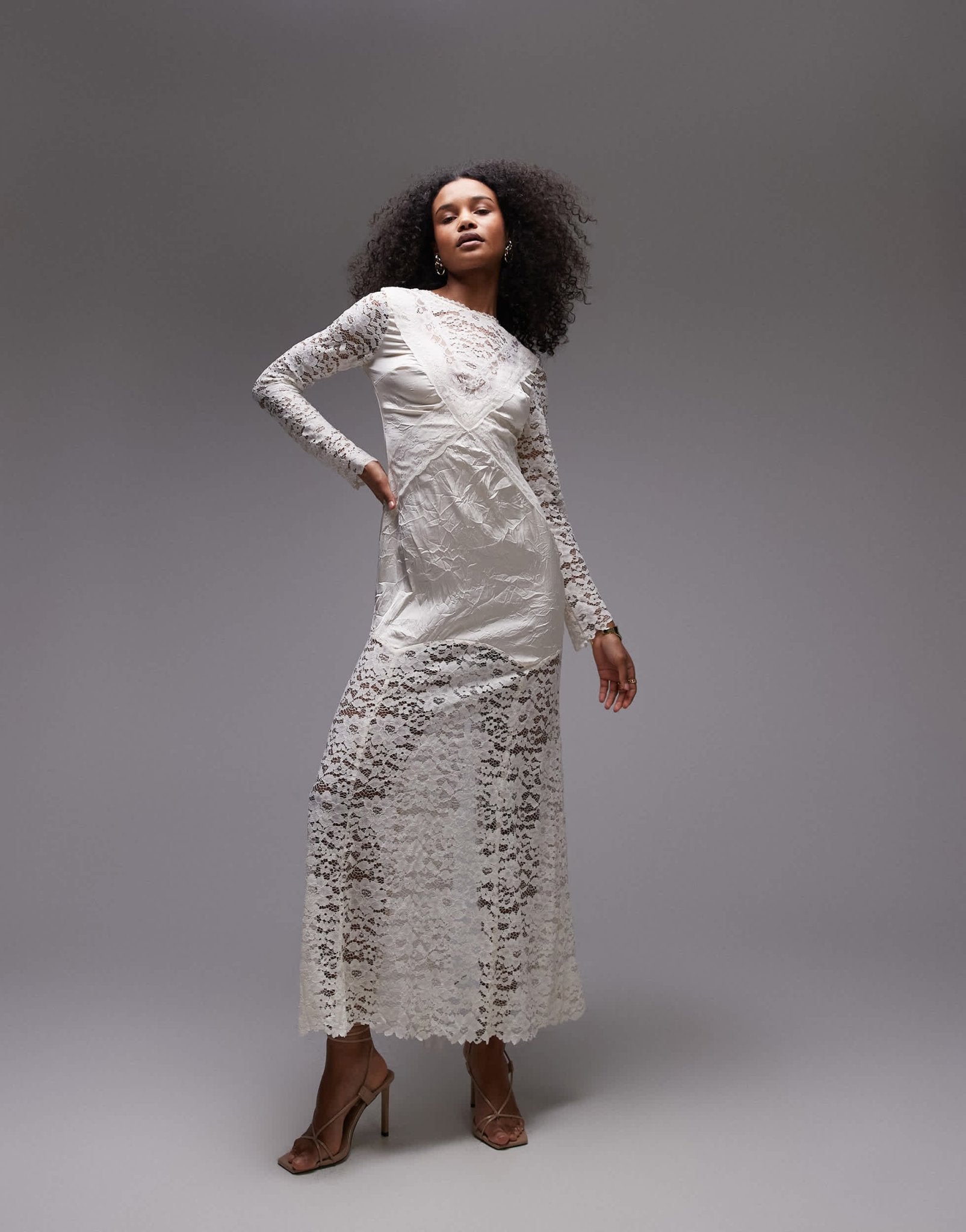 Topshop long sleeve vintage crinkle satin and lace mix maxi dress in ivory - ASOS Sample Sale EU Store