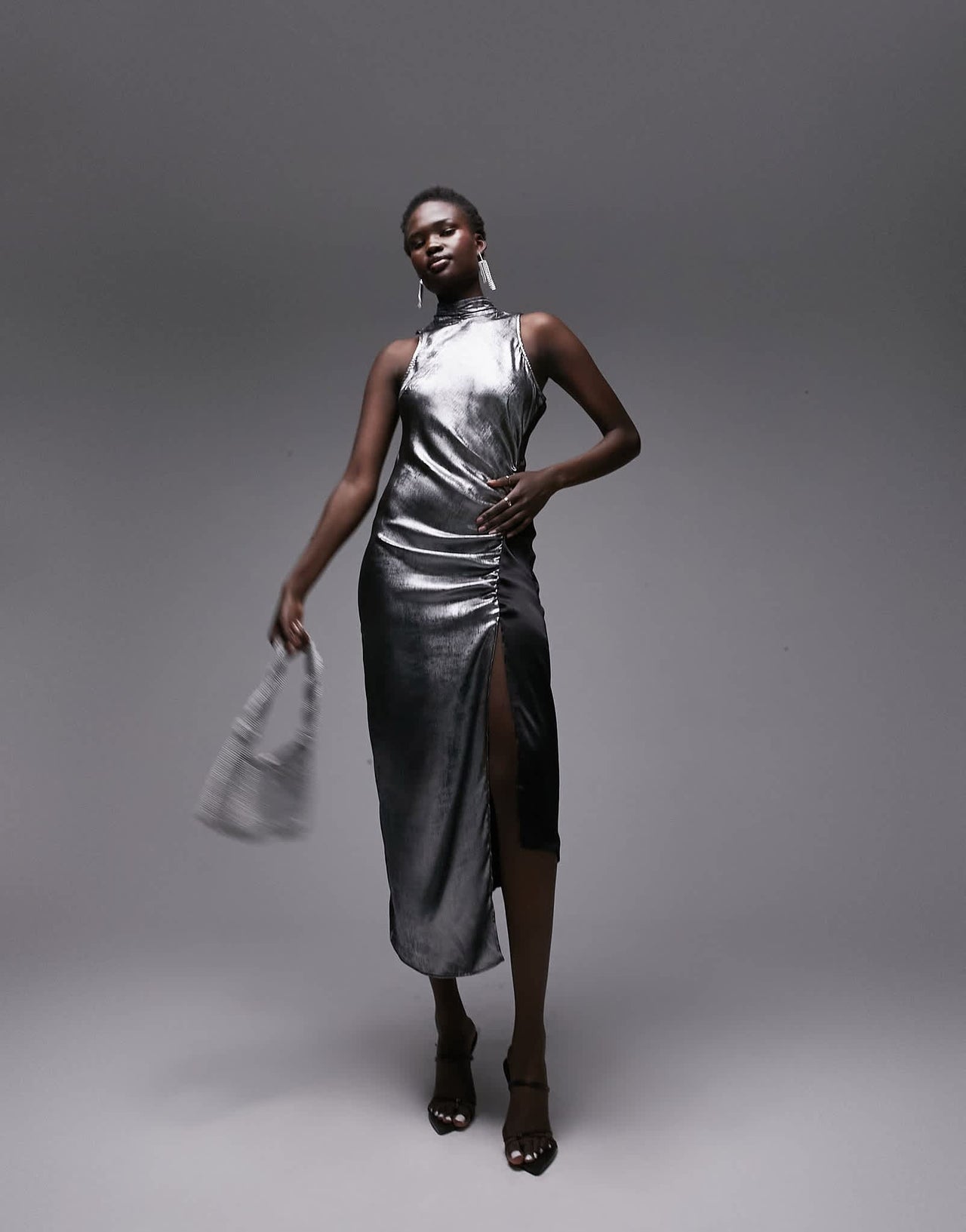 Topshop metallic halter neck midi dress with ruched side in silver - ASOS Sample Sale EU Store