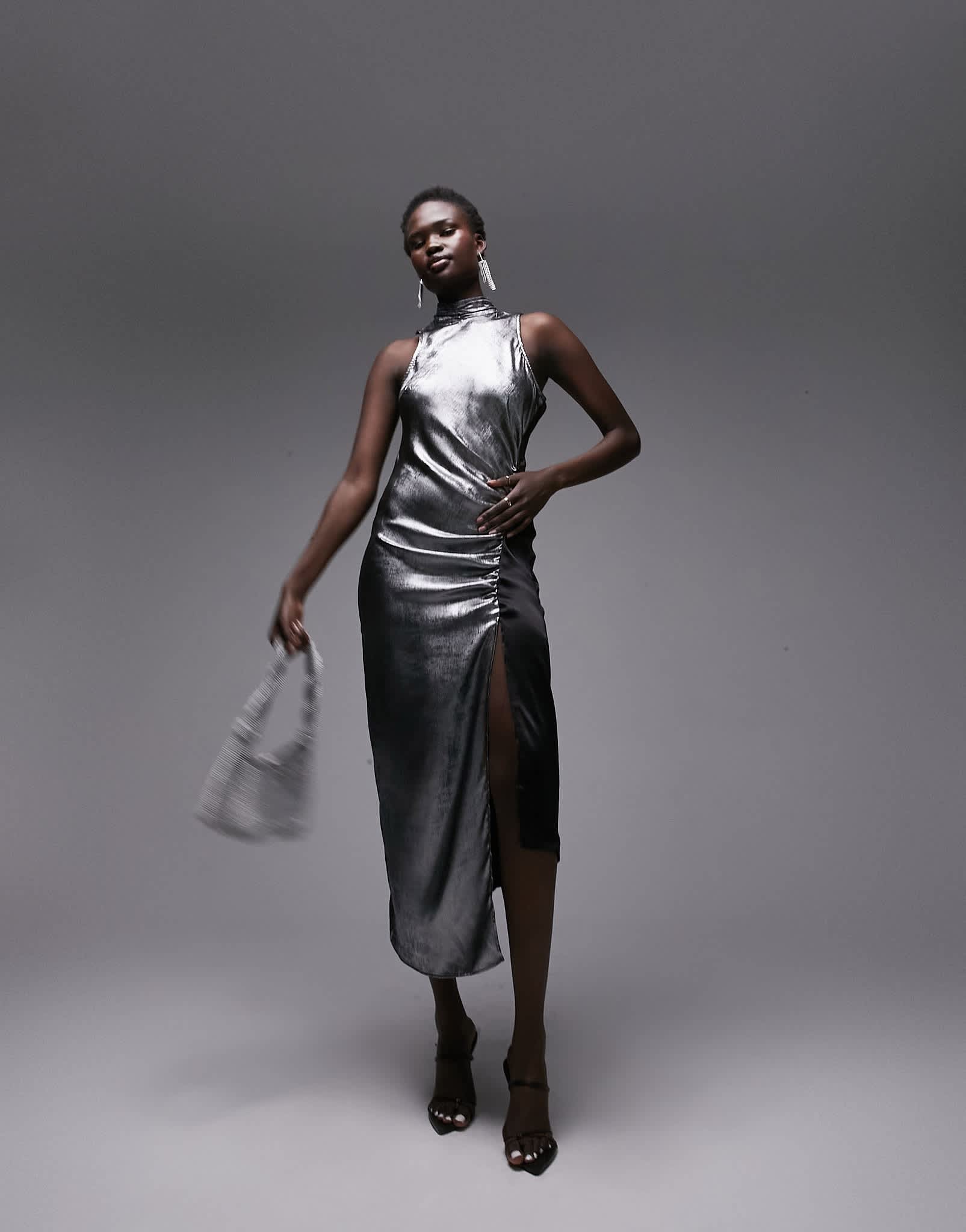 Topshop metallic halter neck midi dress with ruched side in silver - ASOS Sample Sale EU Store