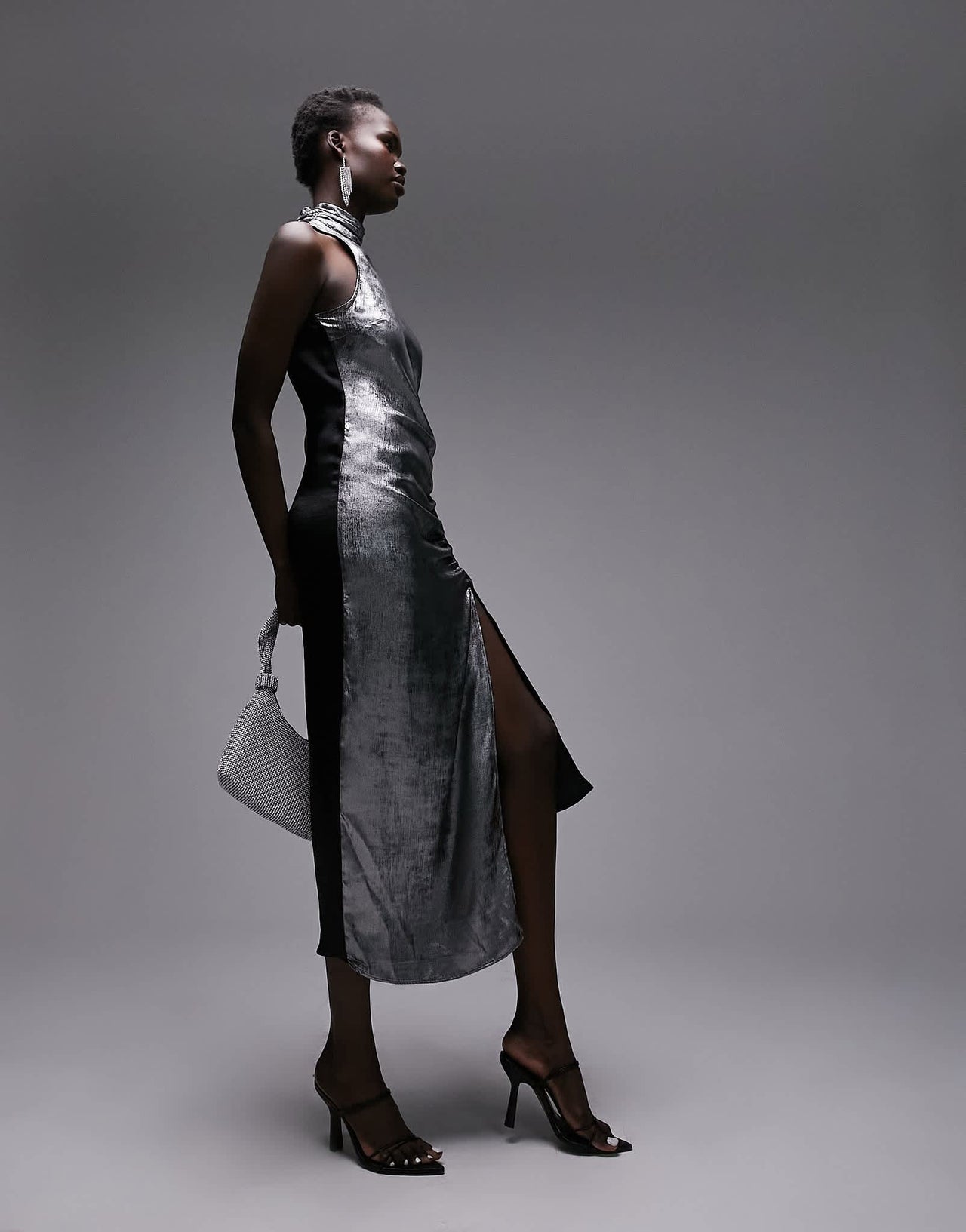 Topshop metallic halter neck midi dress with ruched side in silver - ASOS Sample Sale EU Store