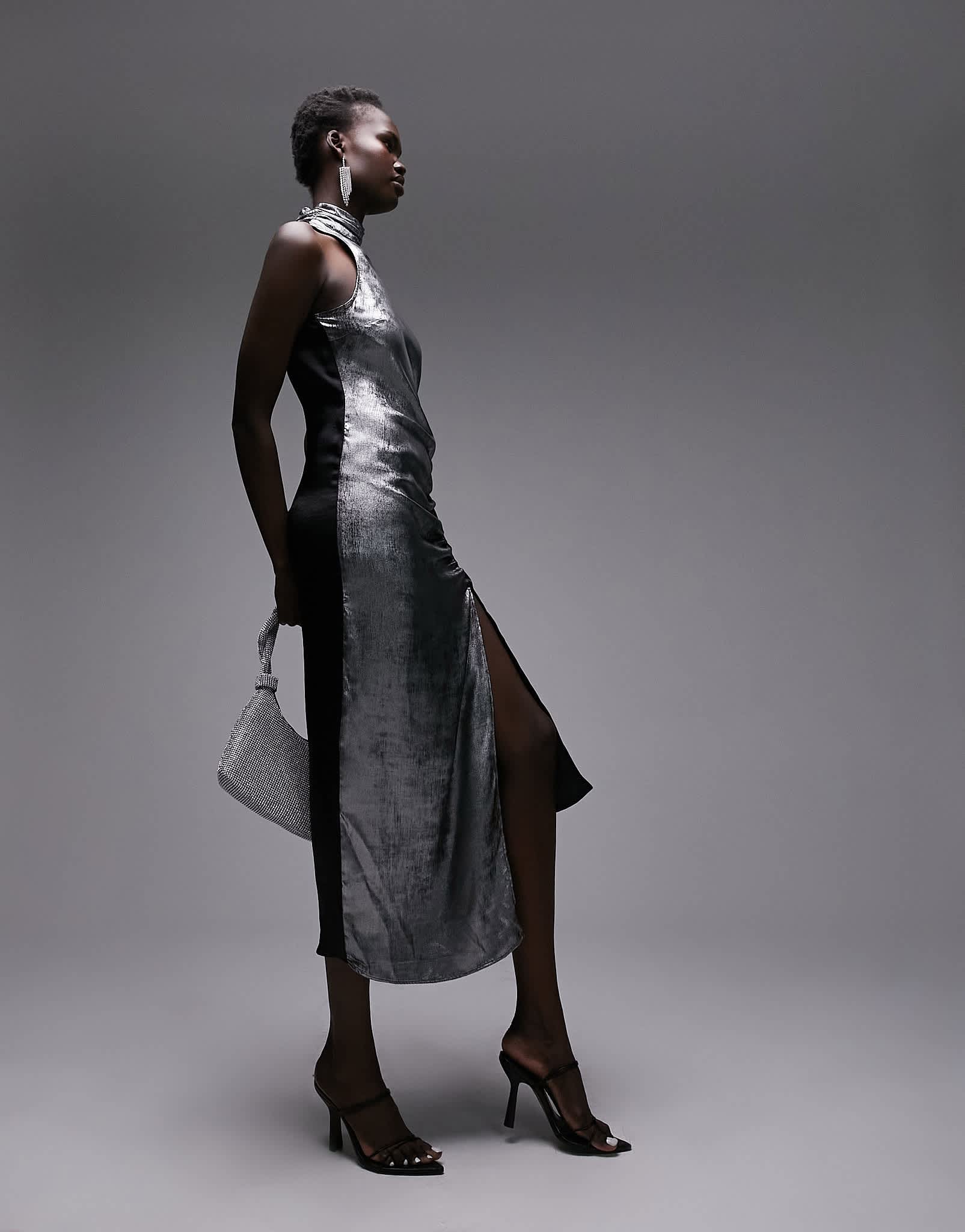 Topshop metallic halter neck midi dress with ruched side in silver - ASOS Sample Sale EU Store
