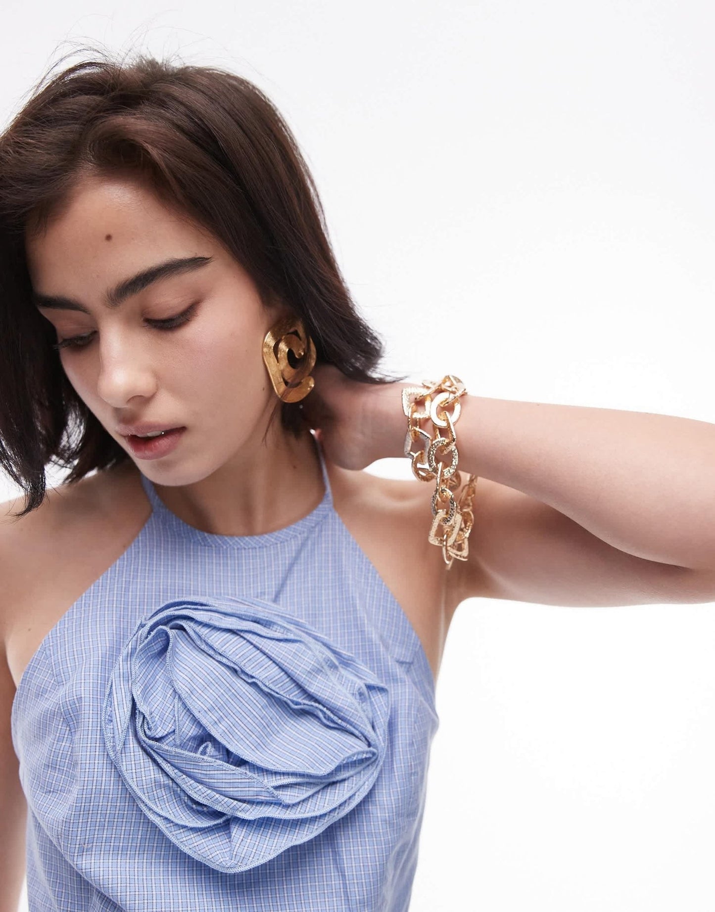 Topshop micro check corsage halter top in blue - ASOS Sample Sale EU Store