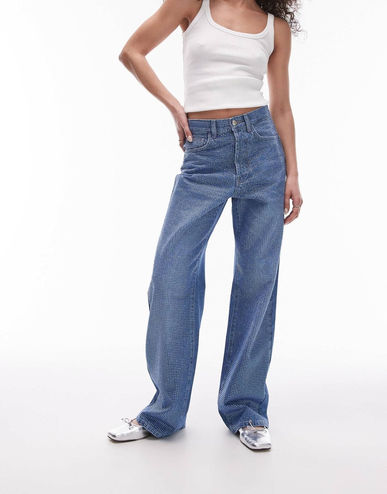 Topshop mid rise loose fit embelished jean in bright blue - ASOS Sample Sale EU Store