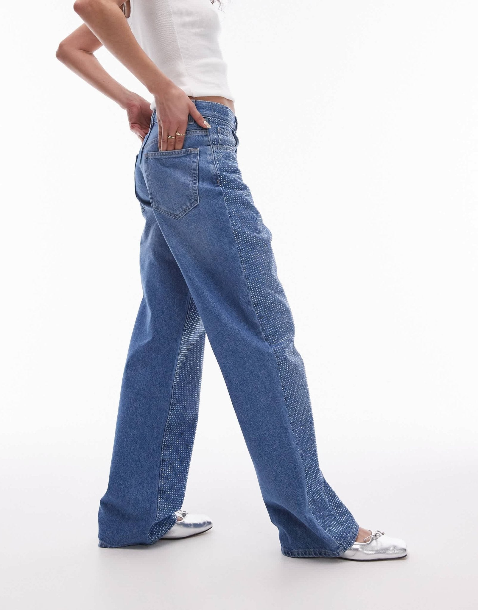 Topshop mid rise loose fit embelished jean in bright blue - ASOS Sample Sale EU Store