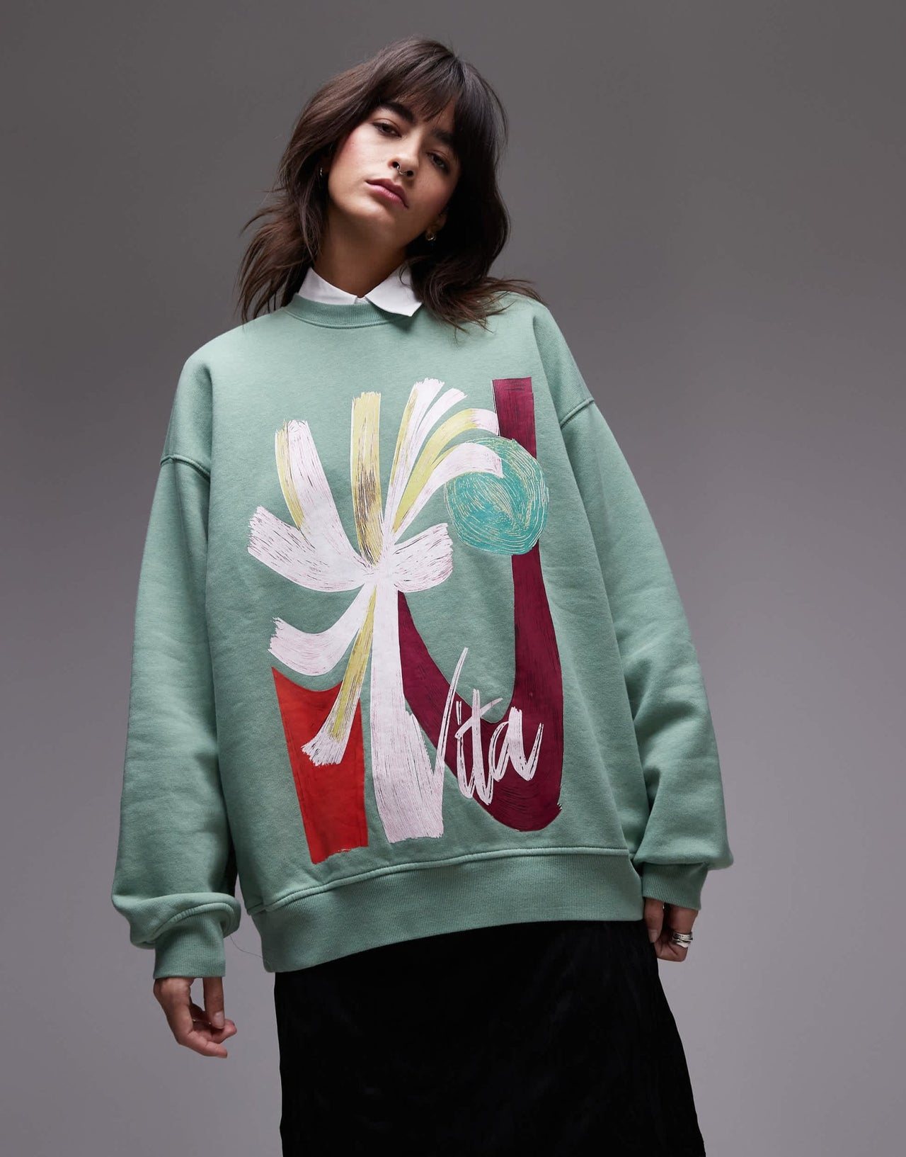 Topshop oversized washed sweatshirt with abstract graphic in green - ASOS Sample Sale EU Store