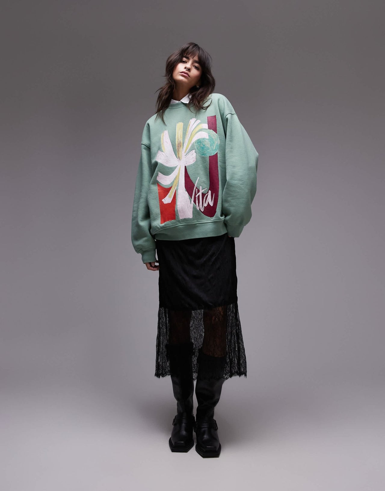 Topshop oversized washed sweatshirt with abstract graphic in green - ASOS Sample Sale EU Store