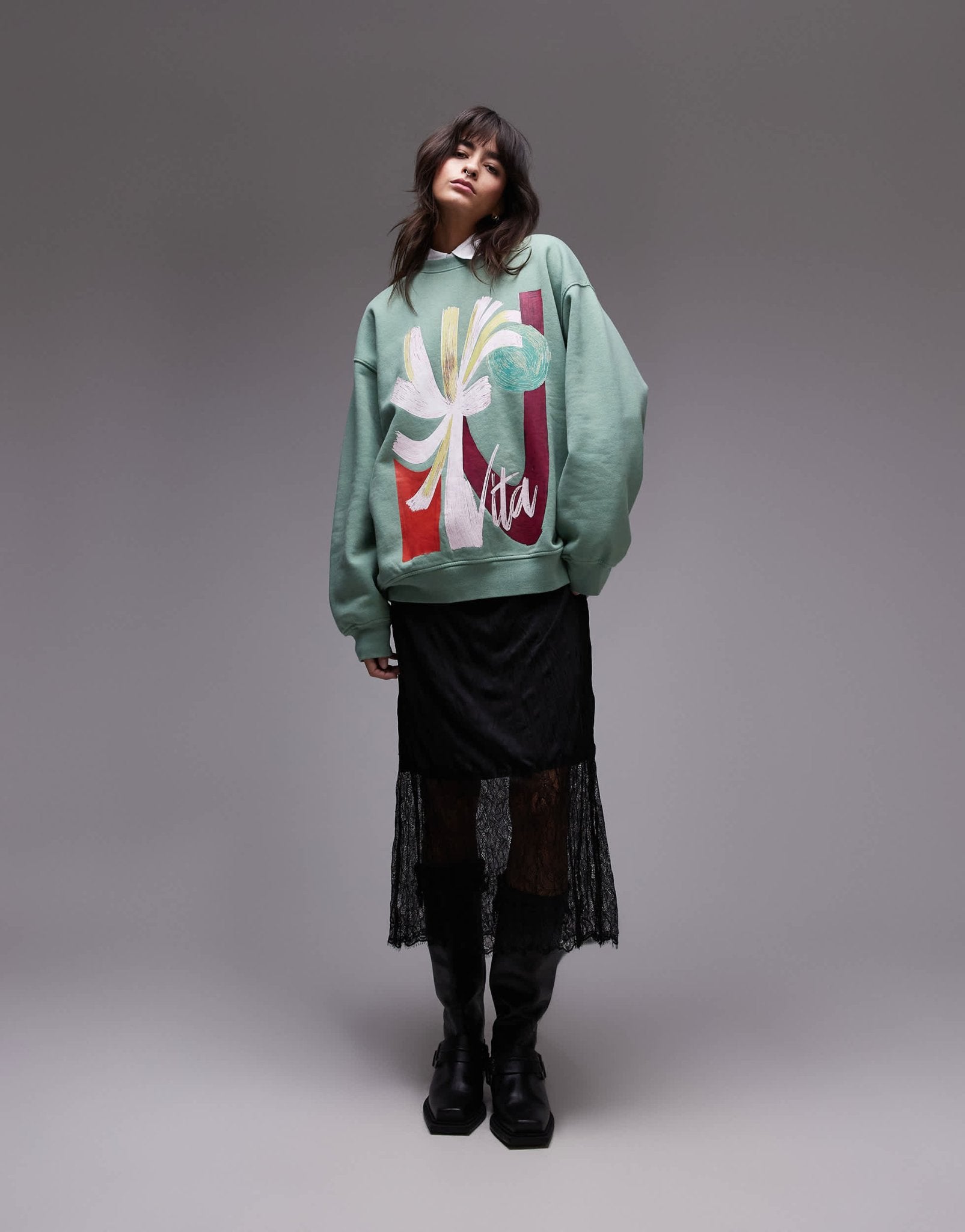 Topshop oversized washed sweatshirt with abstract graphic in green - ASOS Sample Sale EU Store