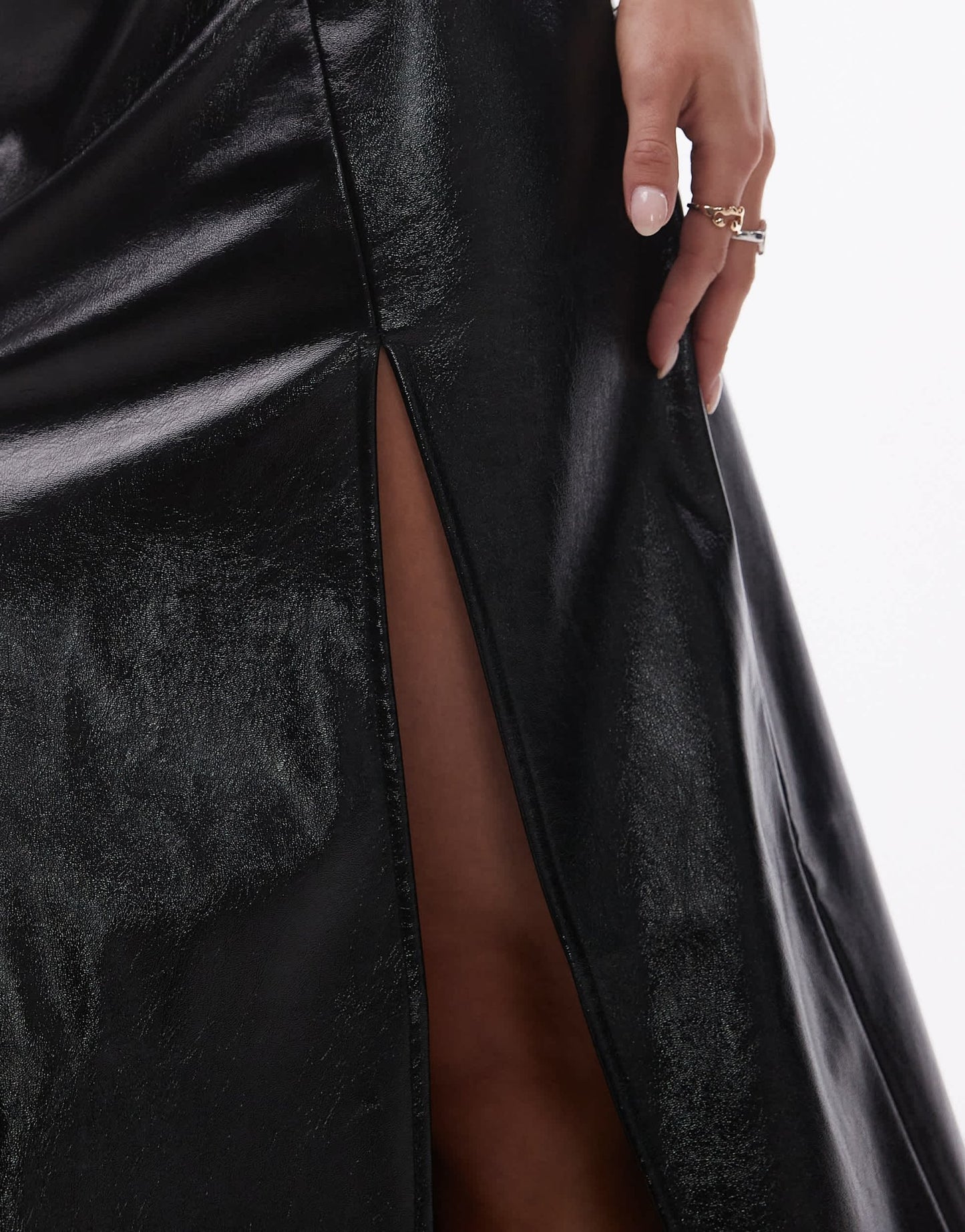 Topshop Petite vinyl double split midi skirt in black - ASOS Sample Sale EU Store