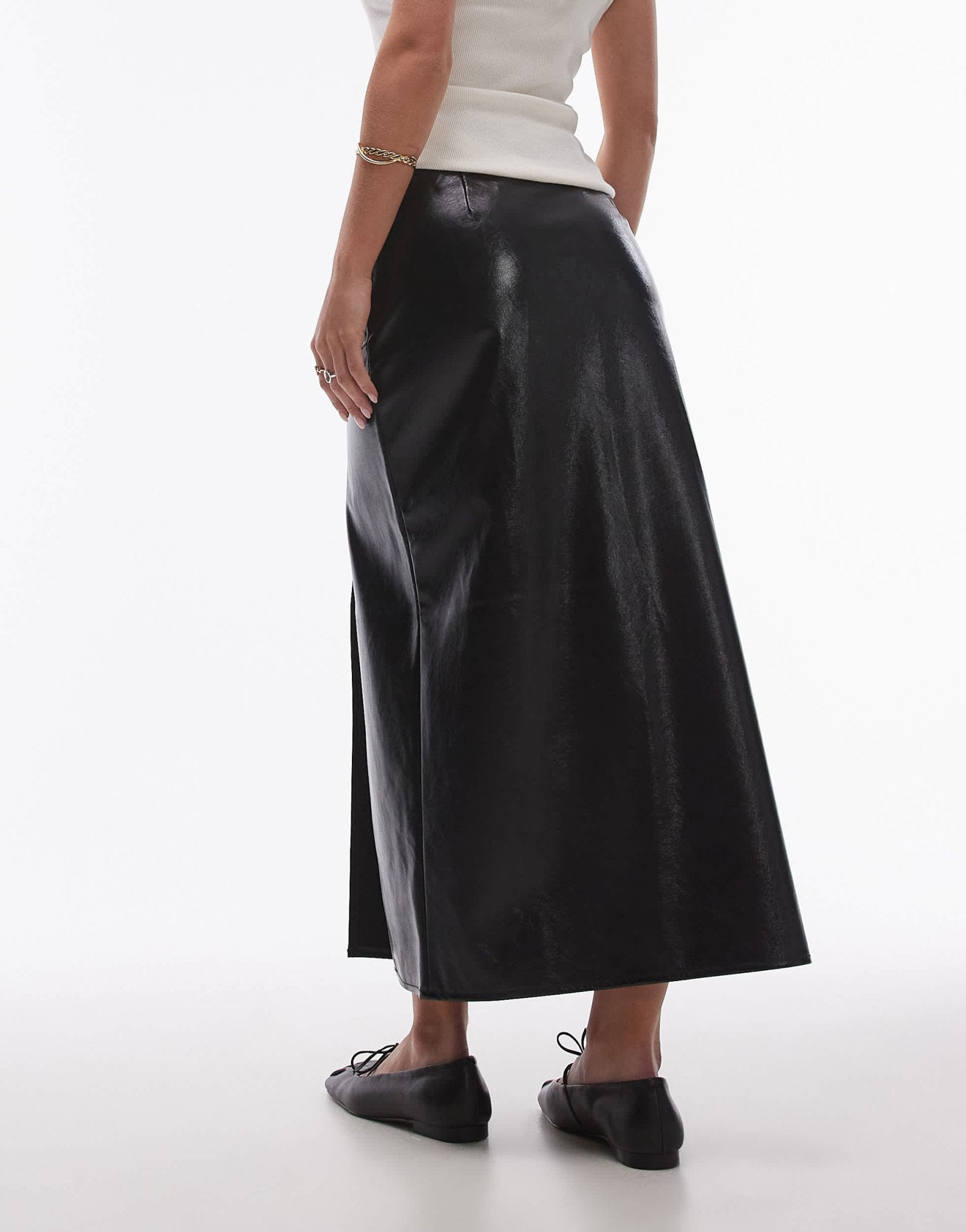Topshop Petite vinyl double split midi skirt in black - ASOS Sample Sale EU Store