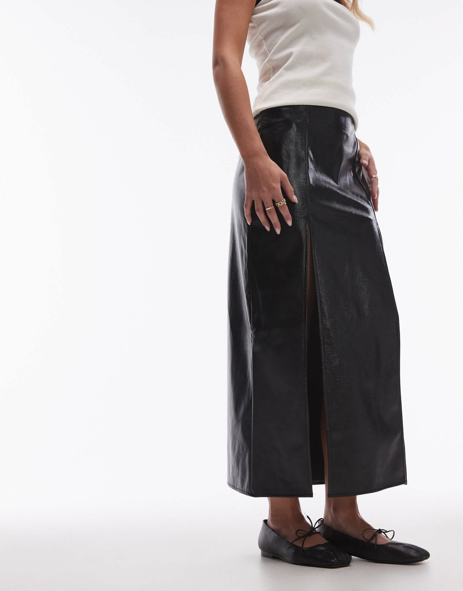 Topshop Petite vinyl double split midi skirt in black - ASOS Sample Sale EU Store