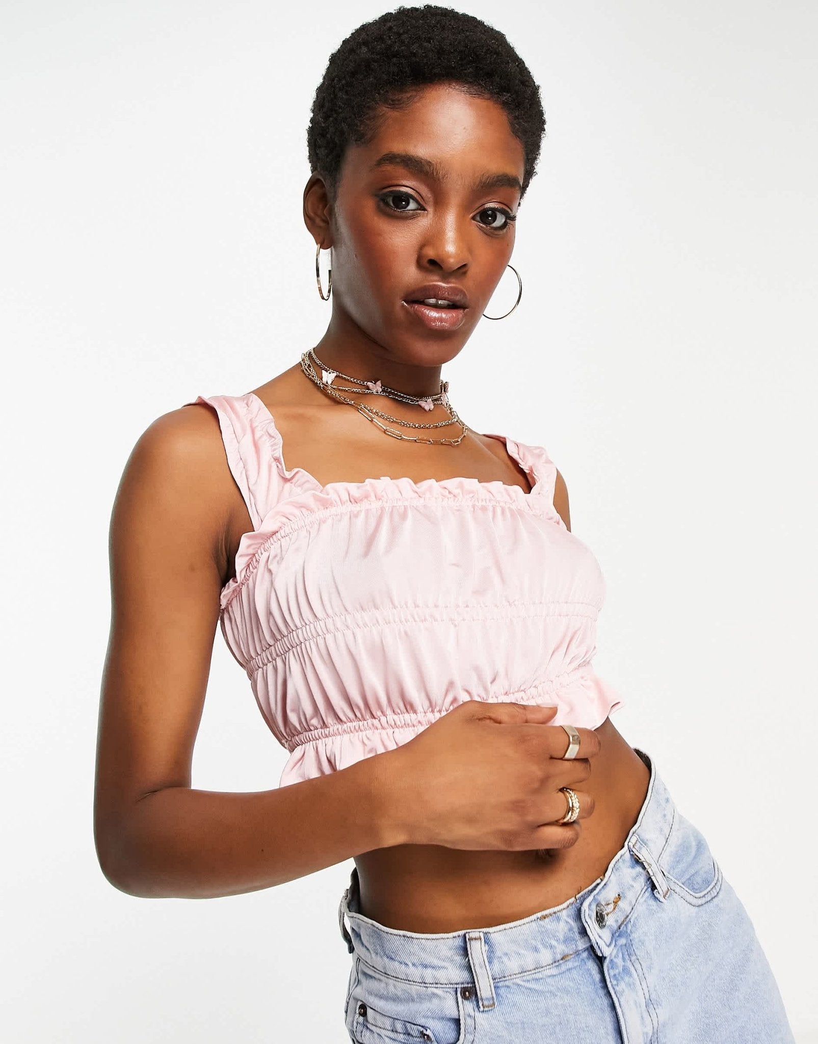 Topshop plain shirred tiered cami in pink - ASOS Sample Sale EU Store
