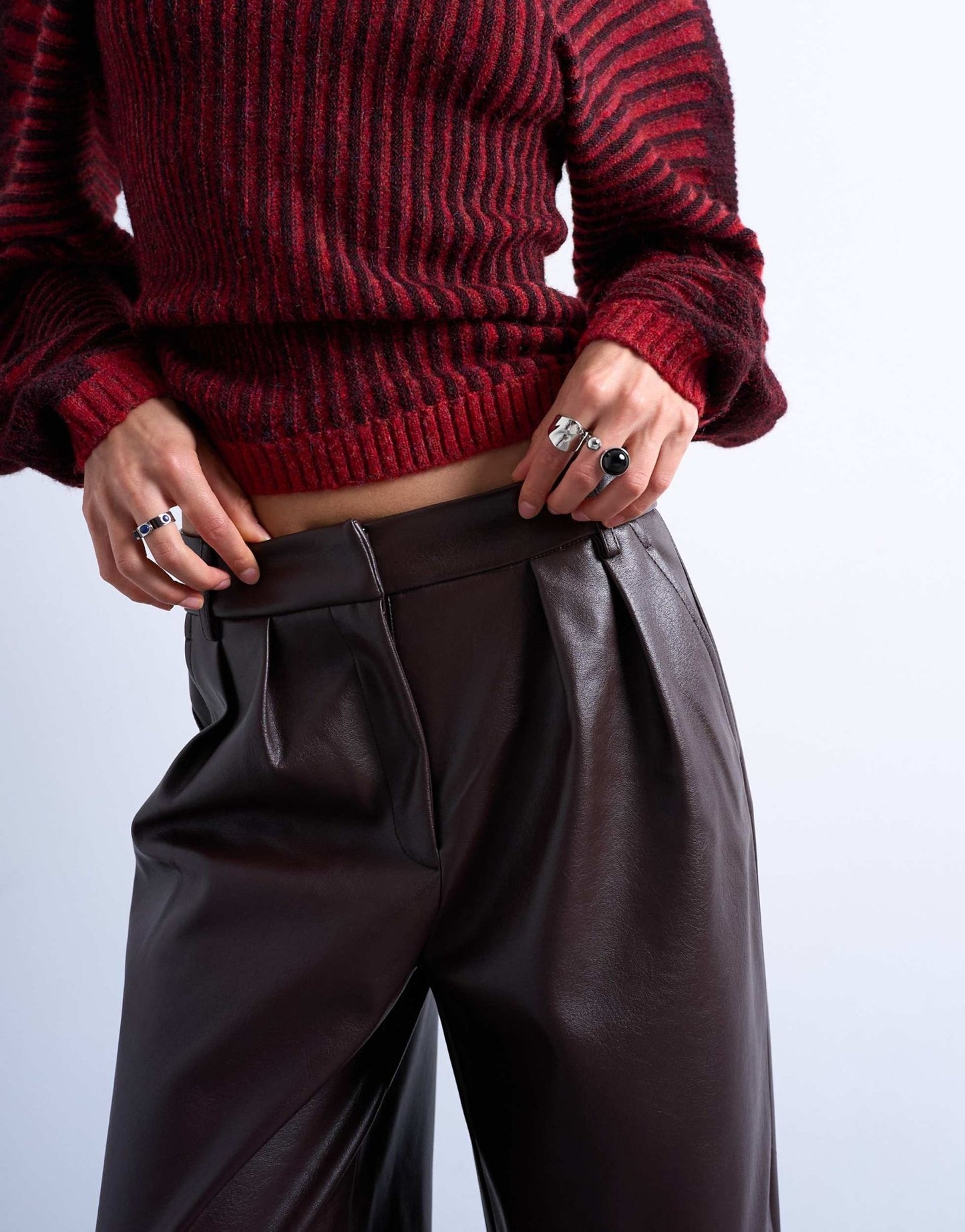 Topshop pleated tailored style wide leg faux leather trouser in burgundy - ASOS Sample Sale EU Store