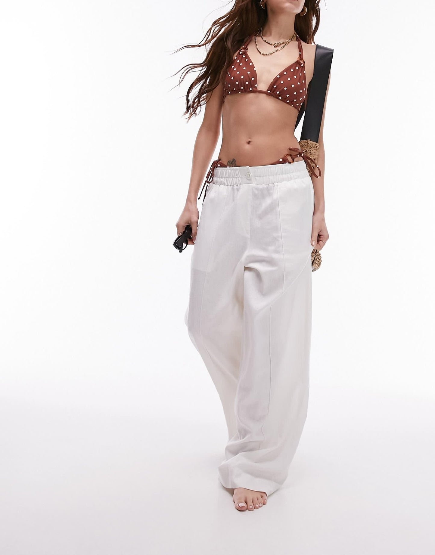 Topshop polka dot triangle bikini top with rings in brown - ASOS Sample Sale EU Store
