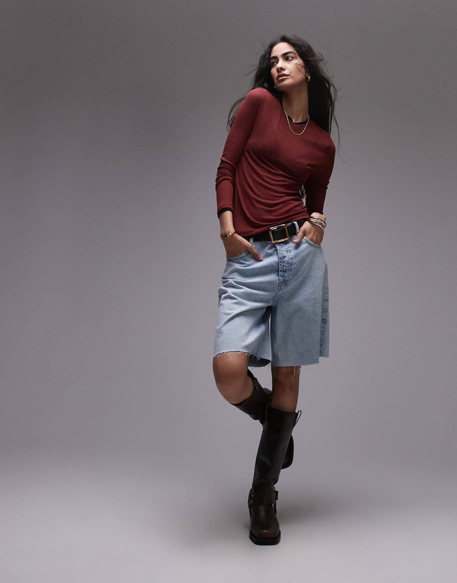 Topshop premium basic sheer crew neck long sleeve with contrast trim in burgundy - ASOS Sample Sale EU Store