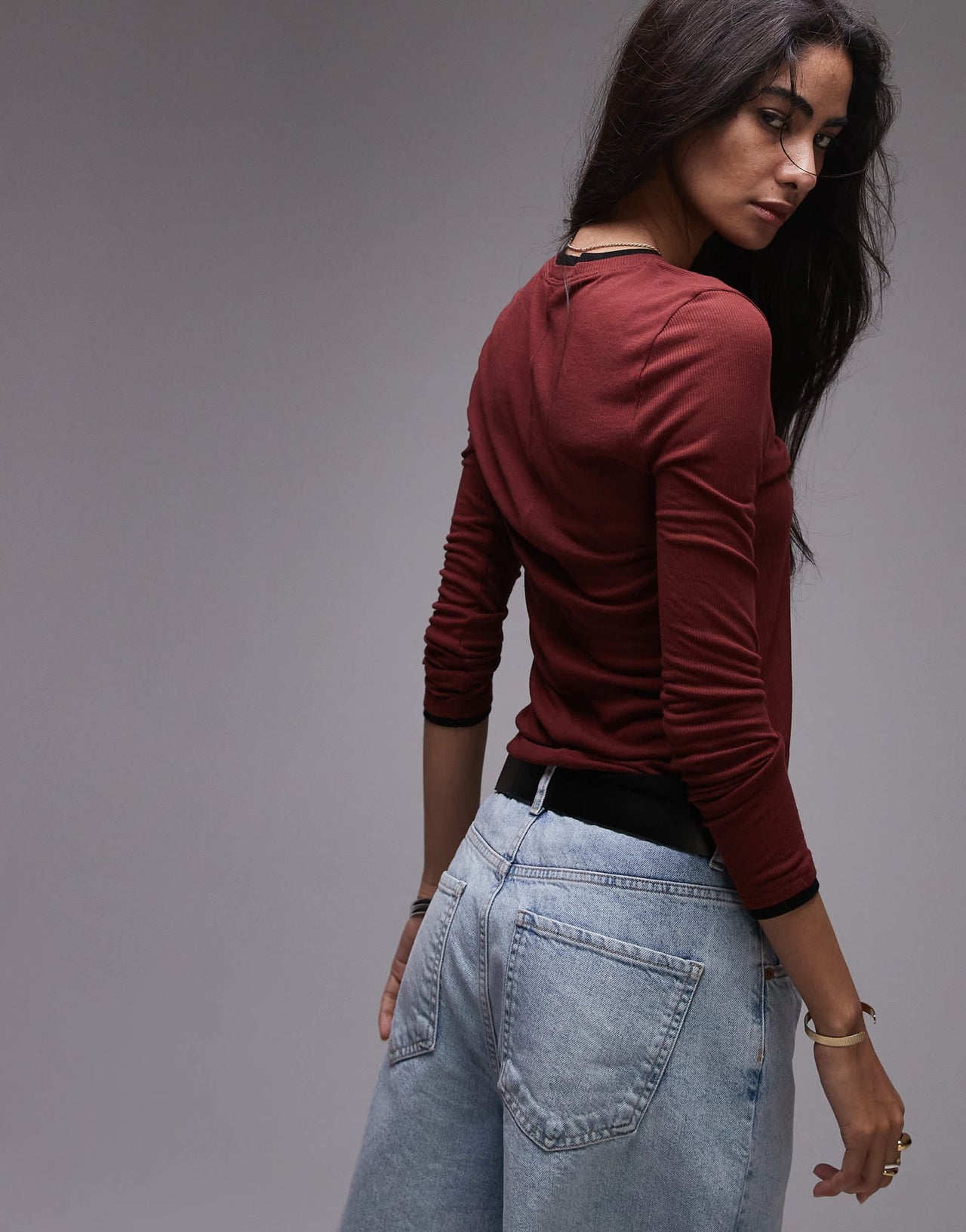 Topshop premium basic sheer crew neck long sleeve with contrast trim in burgundy - ASOS Sample Sale EU Store