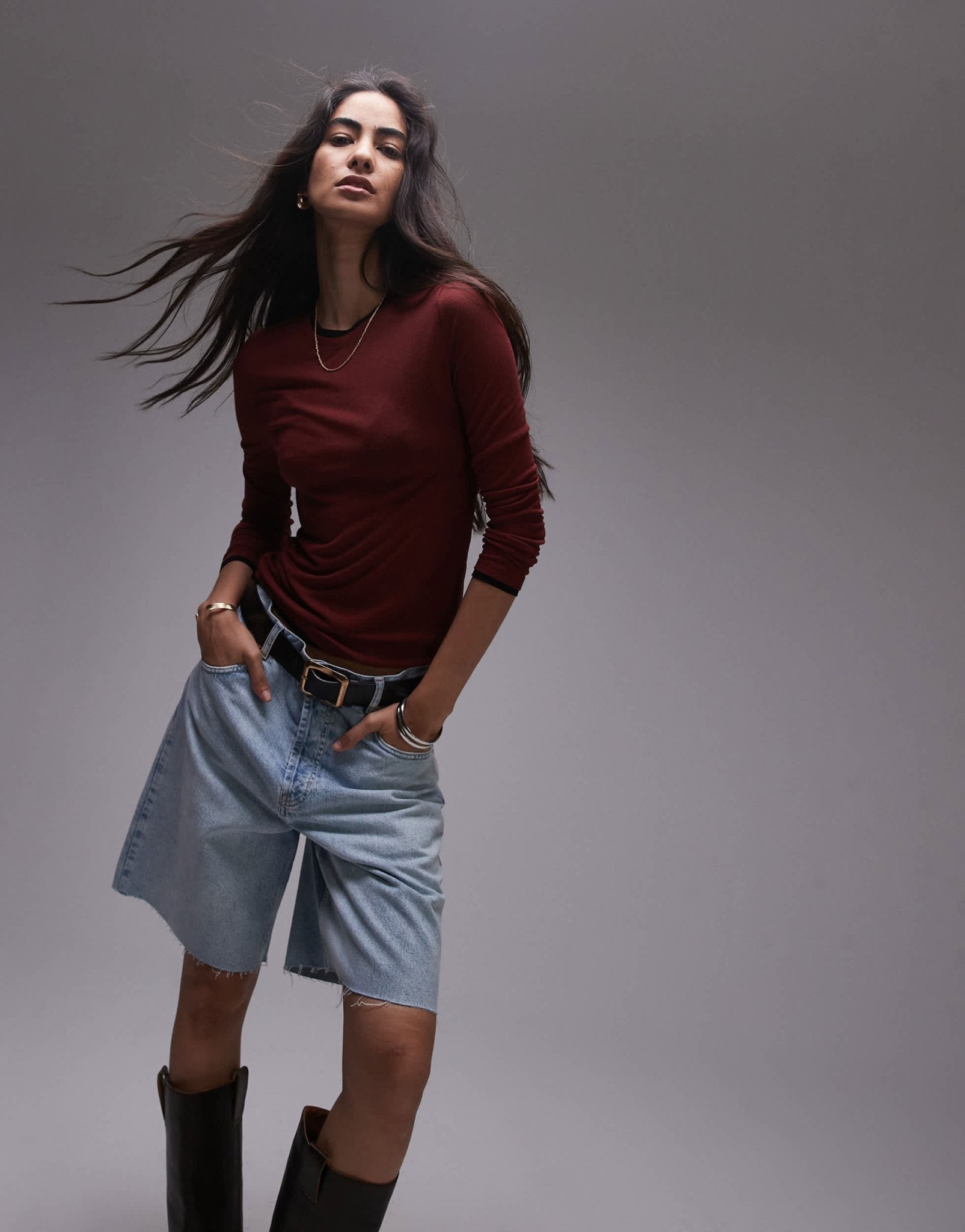 Topshop premium basic sheer crew neck long sleeve with contrast trim in burgundy - ASOS Sample Sale EU Store