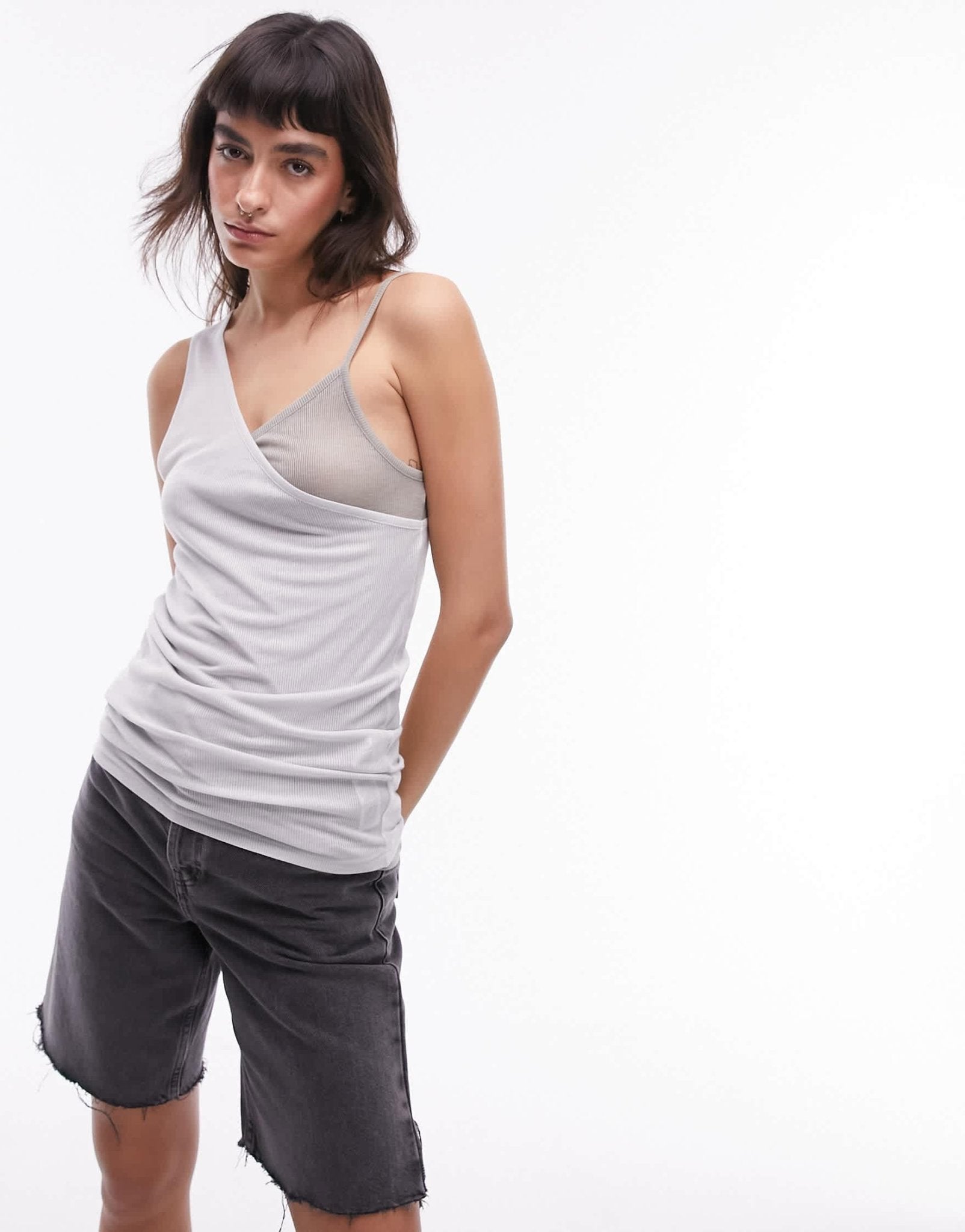 Topshop premium basic sheer double layer asymmetric cami in grey - ASOS Sample Sale EU Store