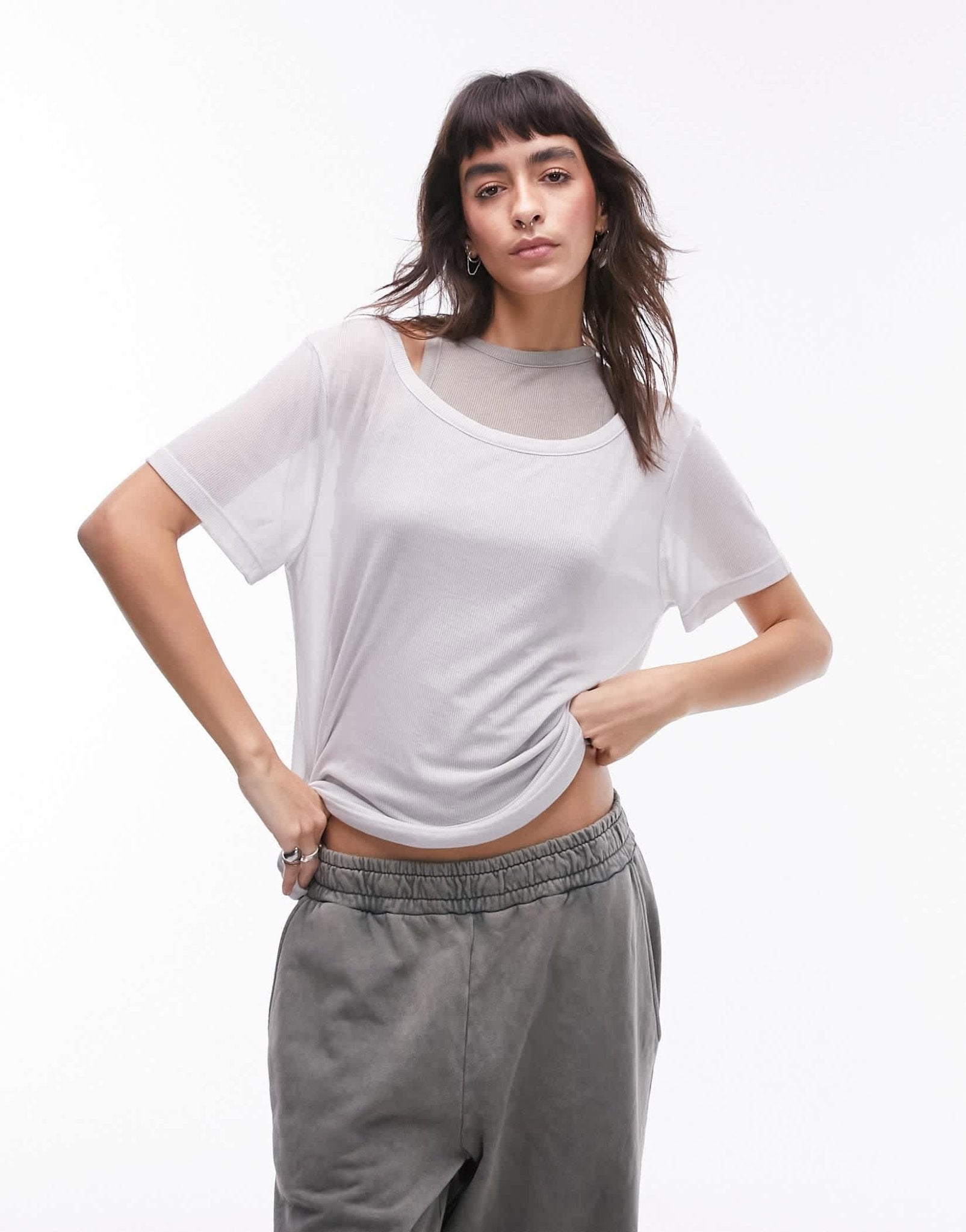 Topshop premium basic sheer double loose fit tee in grey - ASOS Sample Sale EU Store