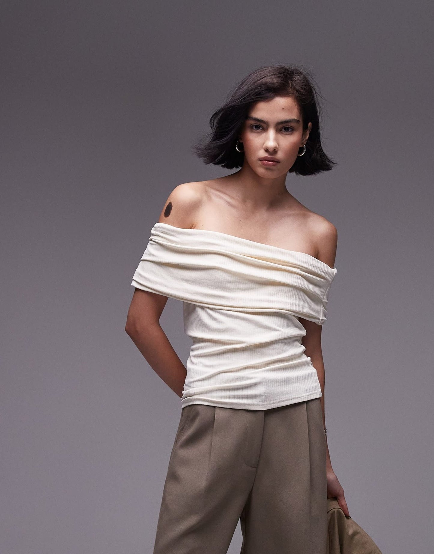 Topshop premium rib bardot top in ecru - ASOS Sample Sale EU Store