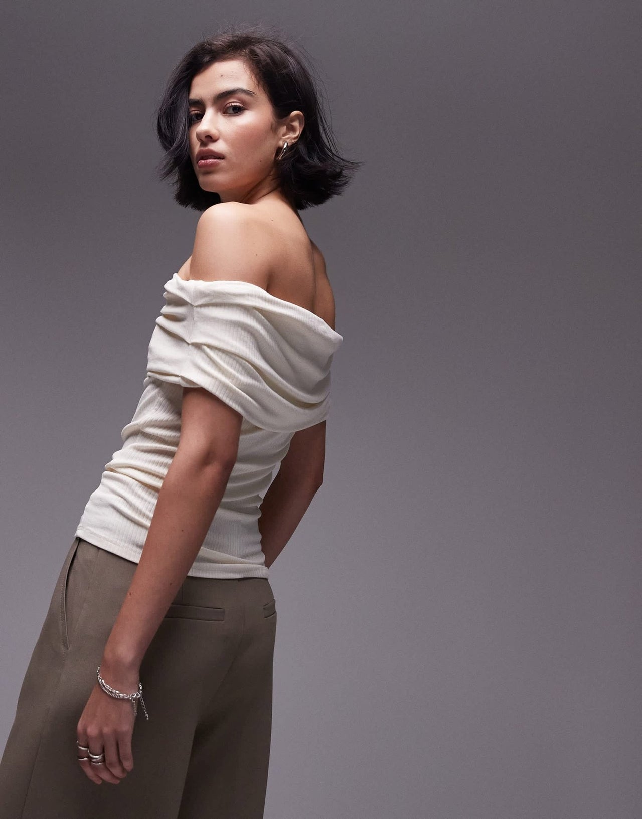 Topshop premium rib bardot top in ecru - ASOS Sample Sale EU Store