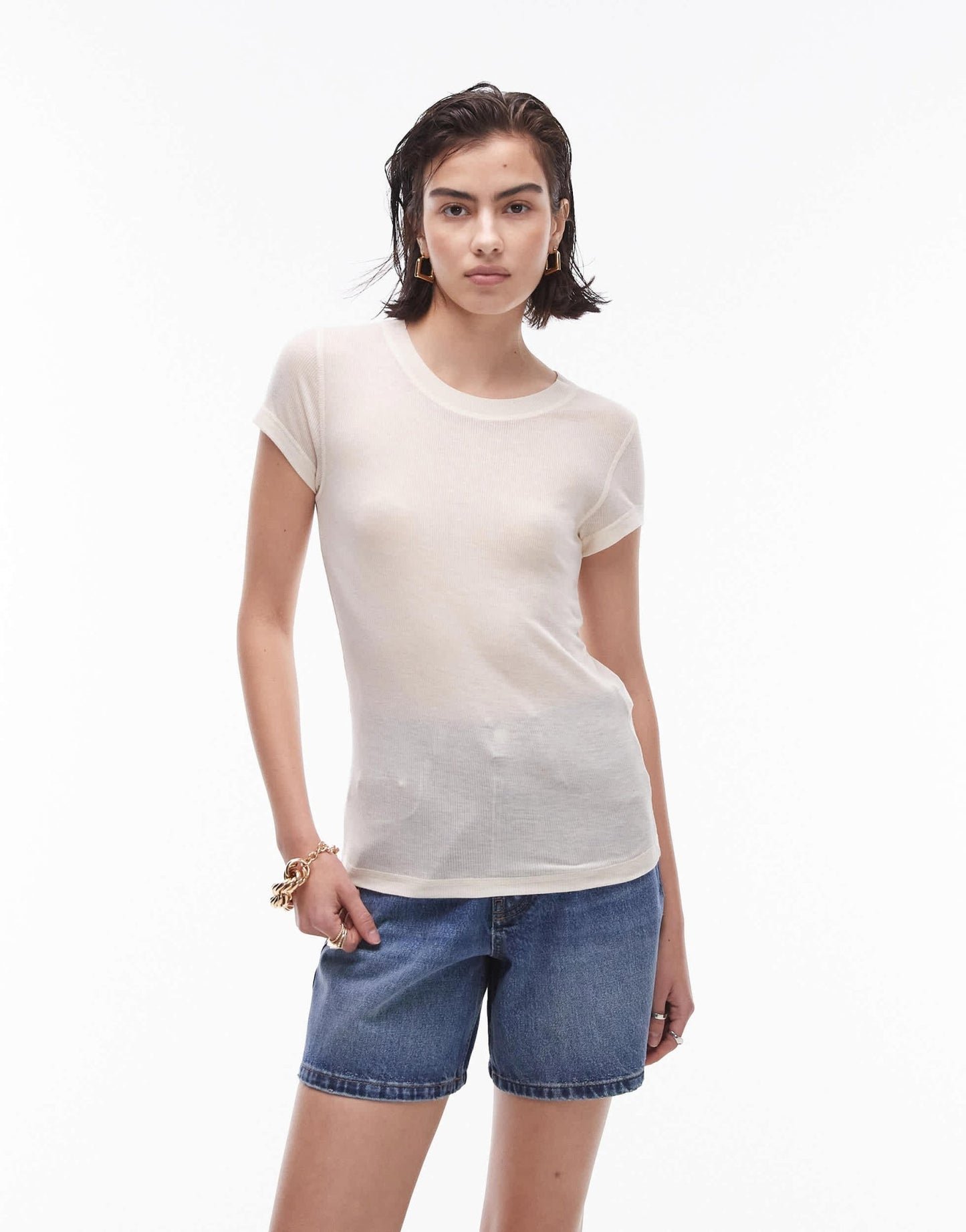 Topshop premium rib sheer longline tee in off white - ASOS Sample Sale EU Store