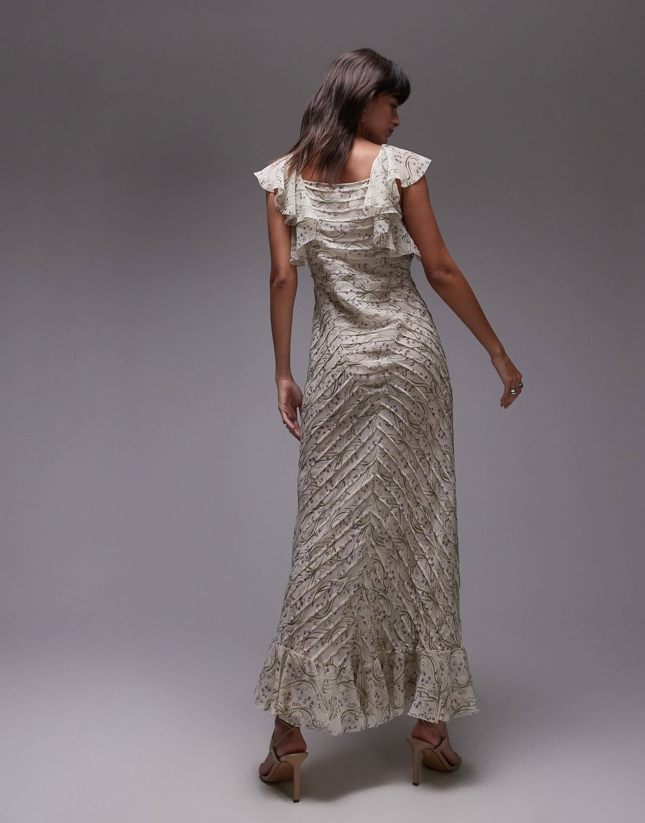 Topshop premium ruffle pintuck gown in soft grey floral - ASOS Sample Sale EU Store