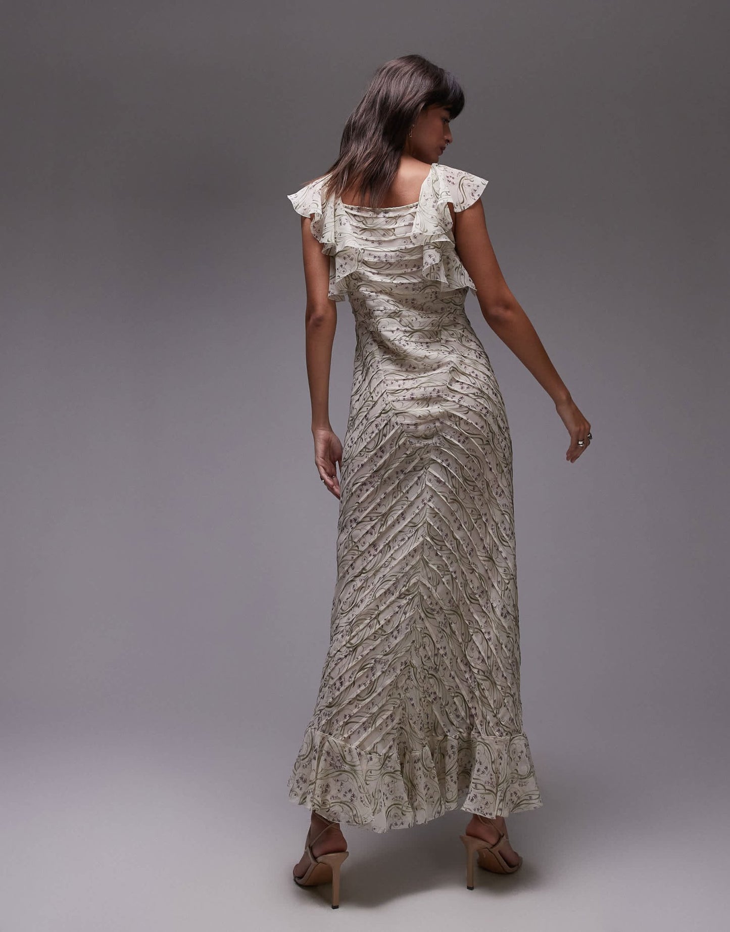Topshop premium ruffle pintuck gown in soft grey floral - ASOS Sample Sale EU Store