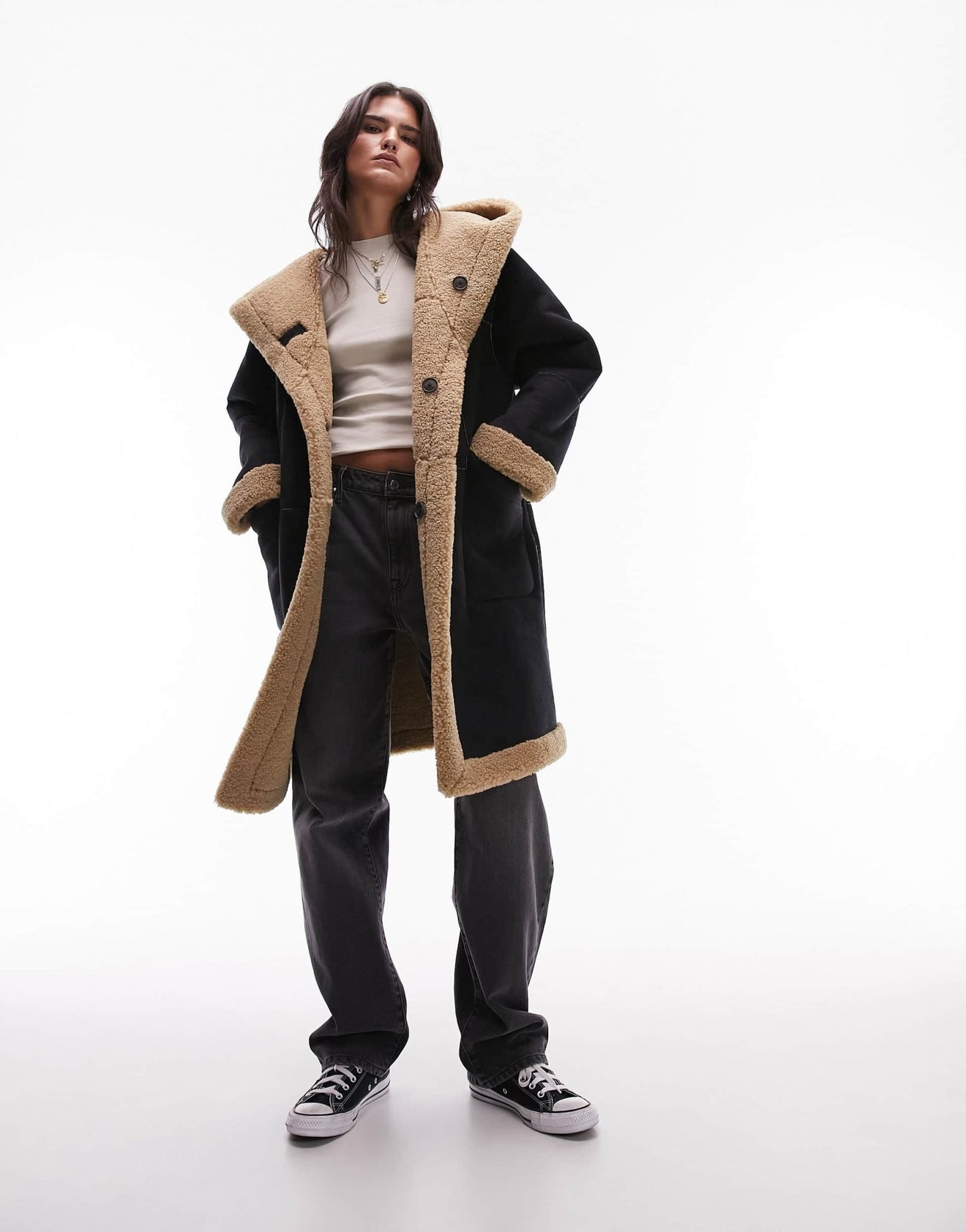 Topshop reversible faux suede shearling hooded longline car coat with chocolate borg lining in black - ASOS Sample Sale EU Store