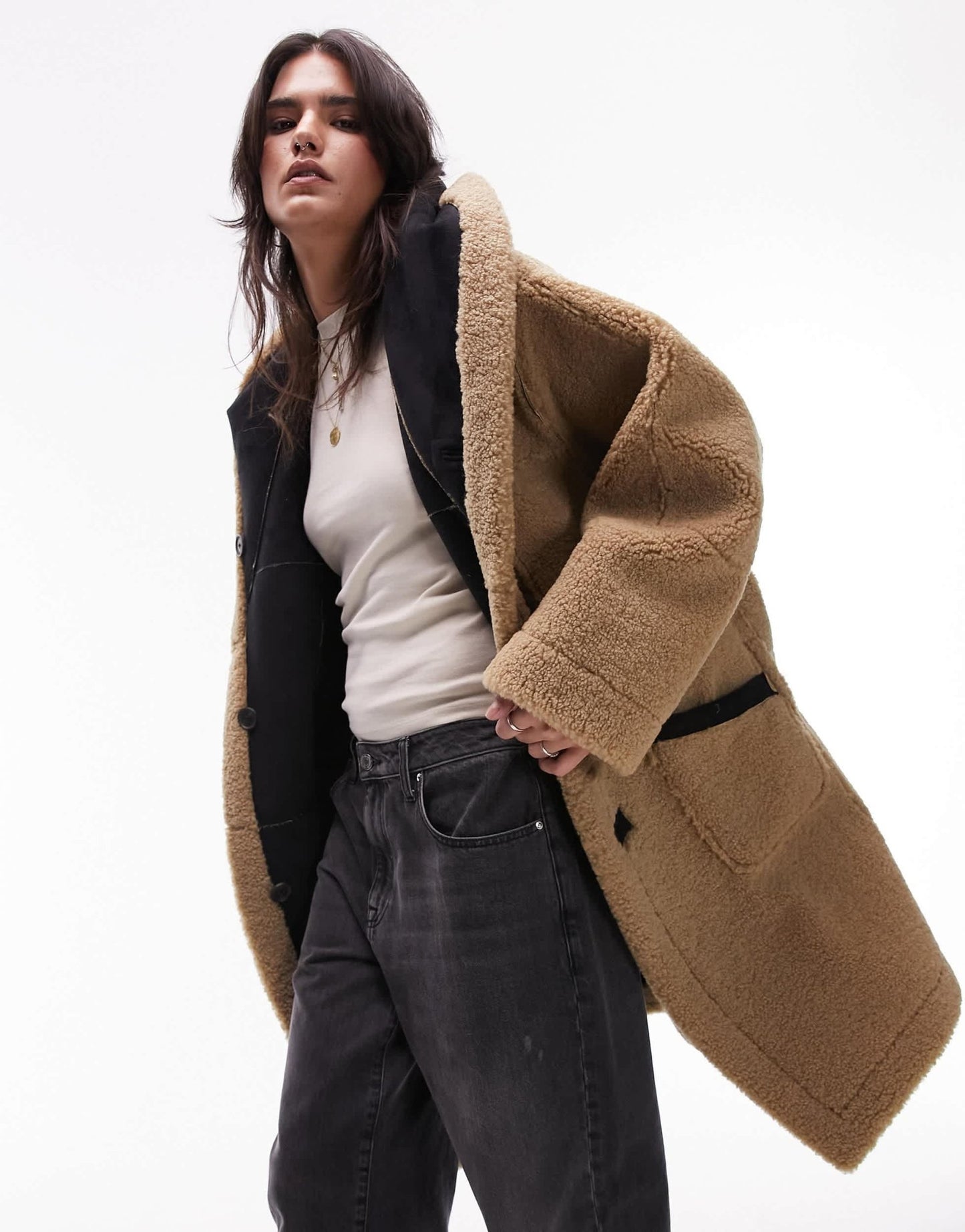 Topshop reversible faux suede shearling hooded longline car coat with chocolate borg lining in black - ASOS Sample Sale EU Store
