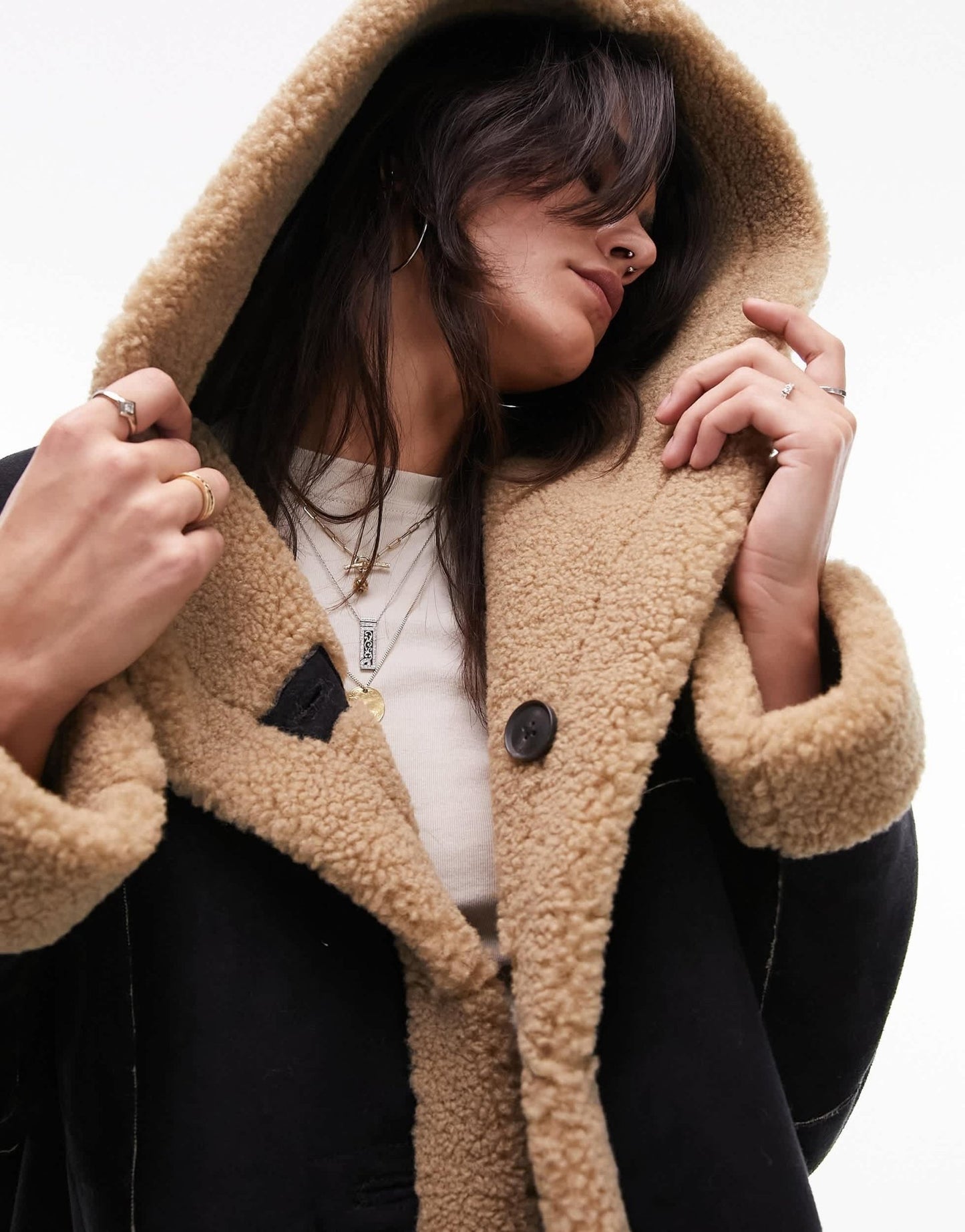 Topshop reversible faux suede shearling hooded longline car coat with chocolate borg lining in black - ASOS Sample Sale EU Store