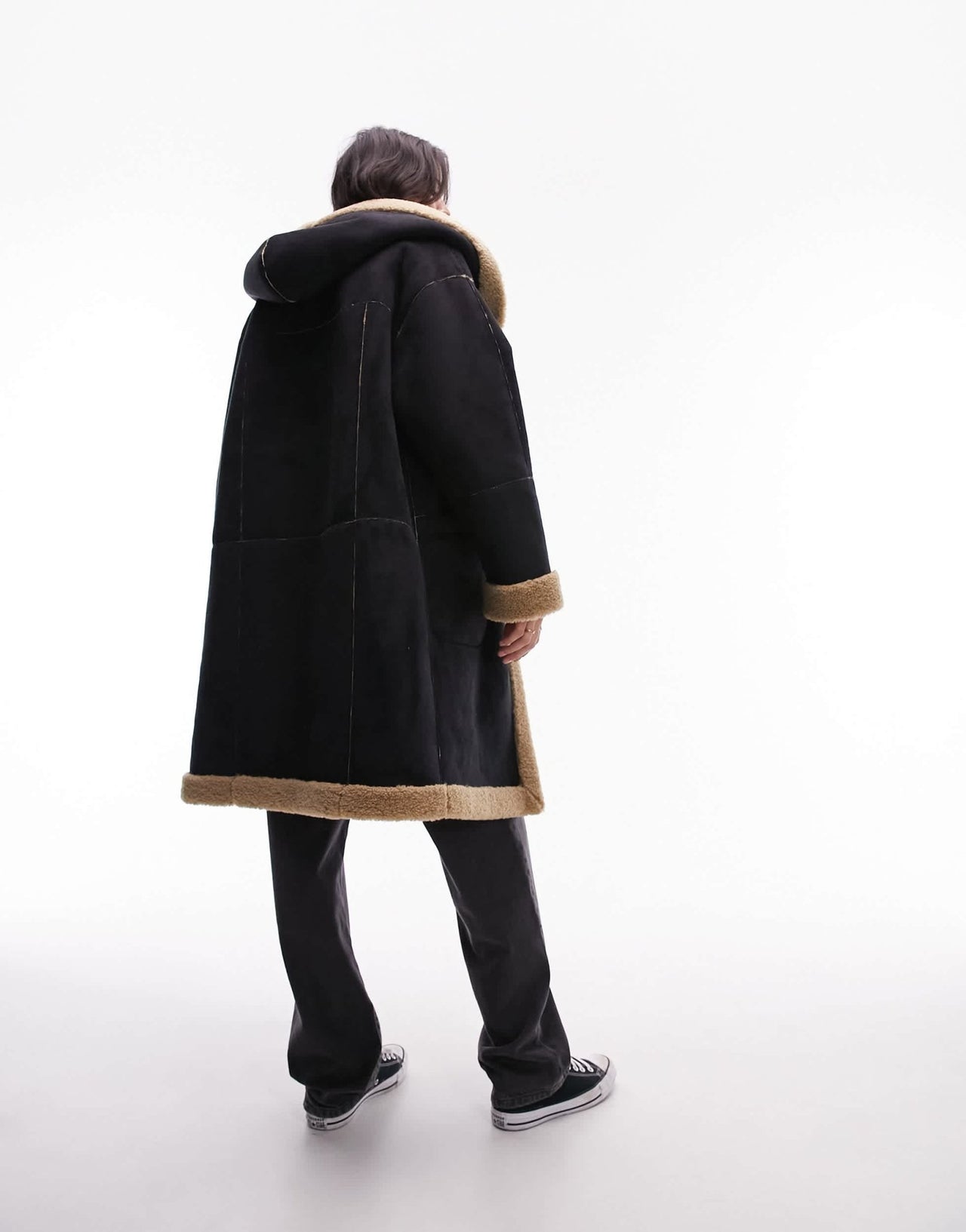 Topshop reversible faux suede shearling hooded longline car coat with chocolate borg lining in black - ASOS Sample Sale EU Store