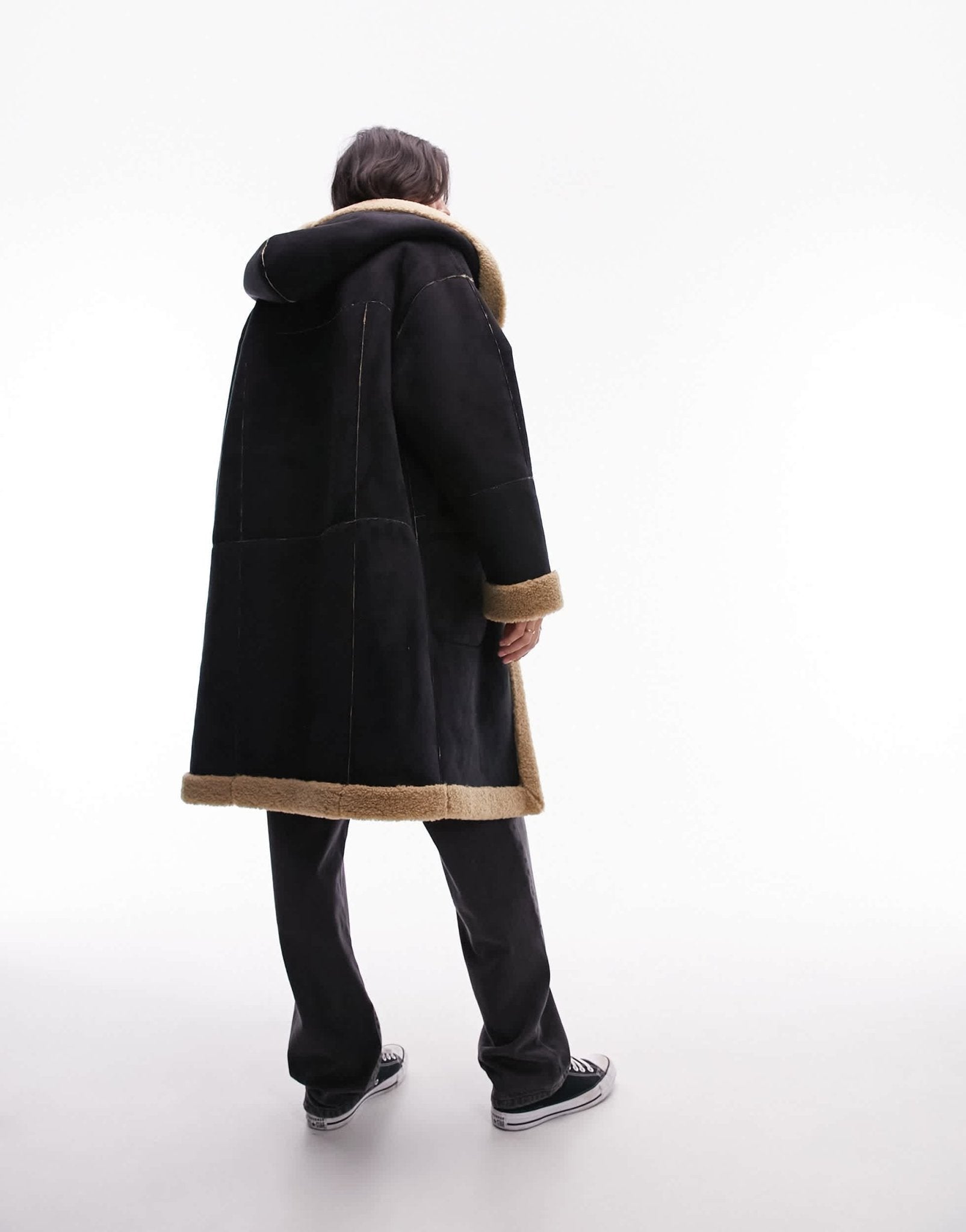 Topshop reversible faux suede shearling hooded longline car coat with chocolate borg lining in black - ASOS Sample Sale EU Store