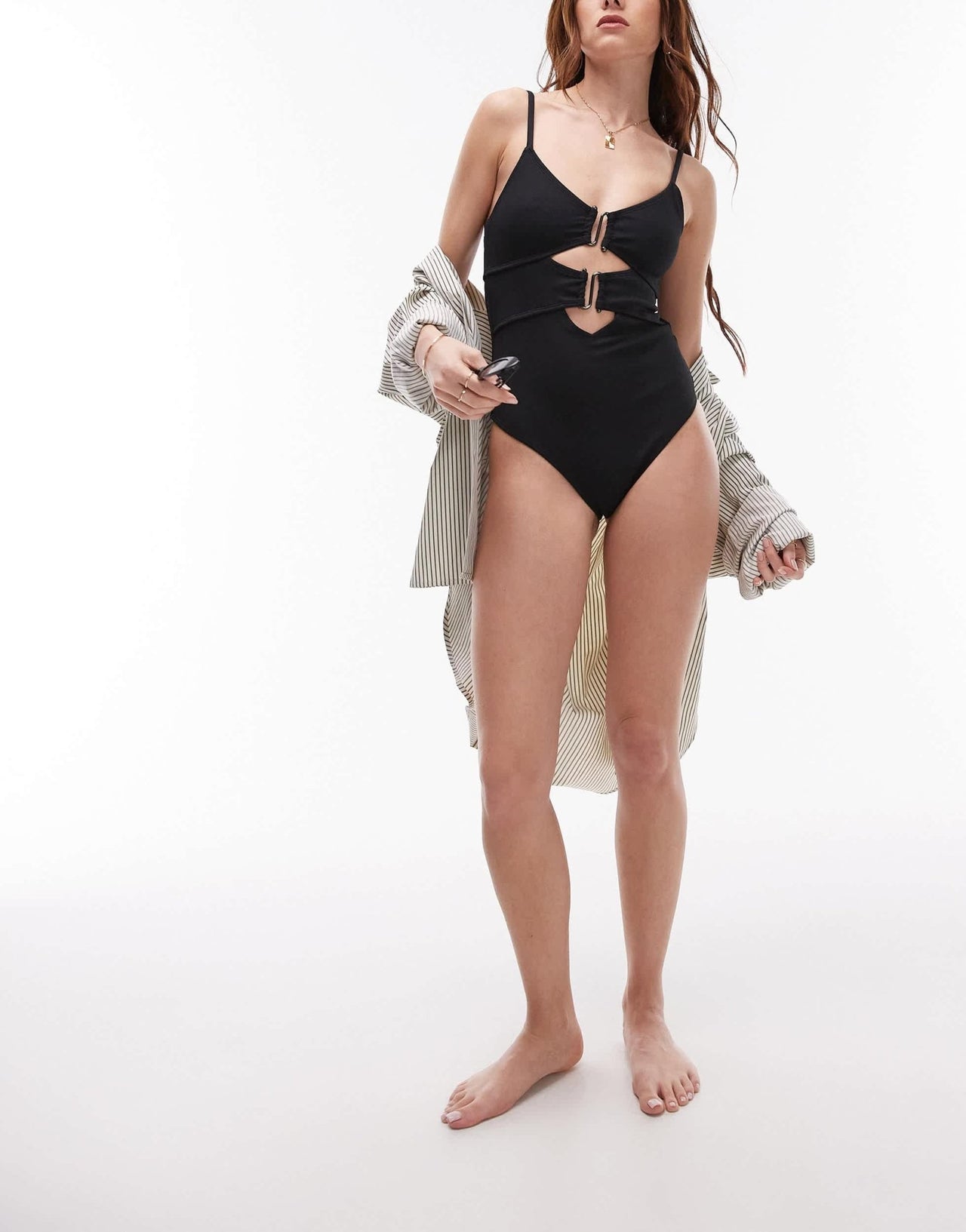 Topshop rib cut out swimsuit with metal trim in black - ASOS Sample Sale EU Store